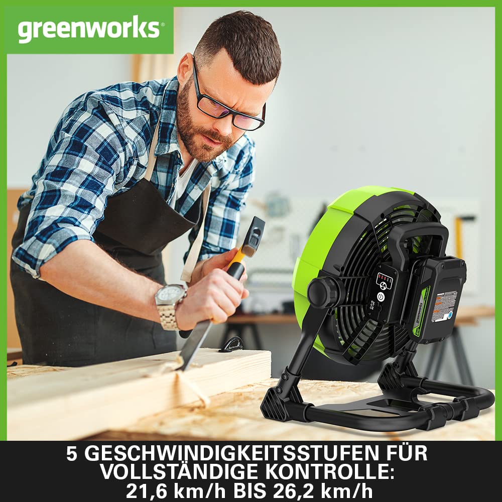 Greenworks G24FAN Akku-Hybrid-Ventilator mit Haken zum Aufhängen, 25,4cm Durchmesser, 2600 U/min, 5 Geschwindigkeitsstufen, 360° drehbarer Kopf, kompatibel mit AC-Kabel, OHNE 24V Akku & Ladegerät