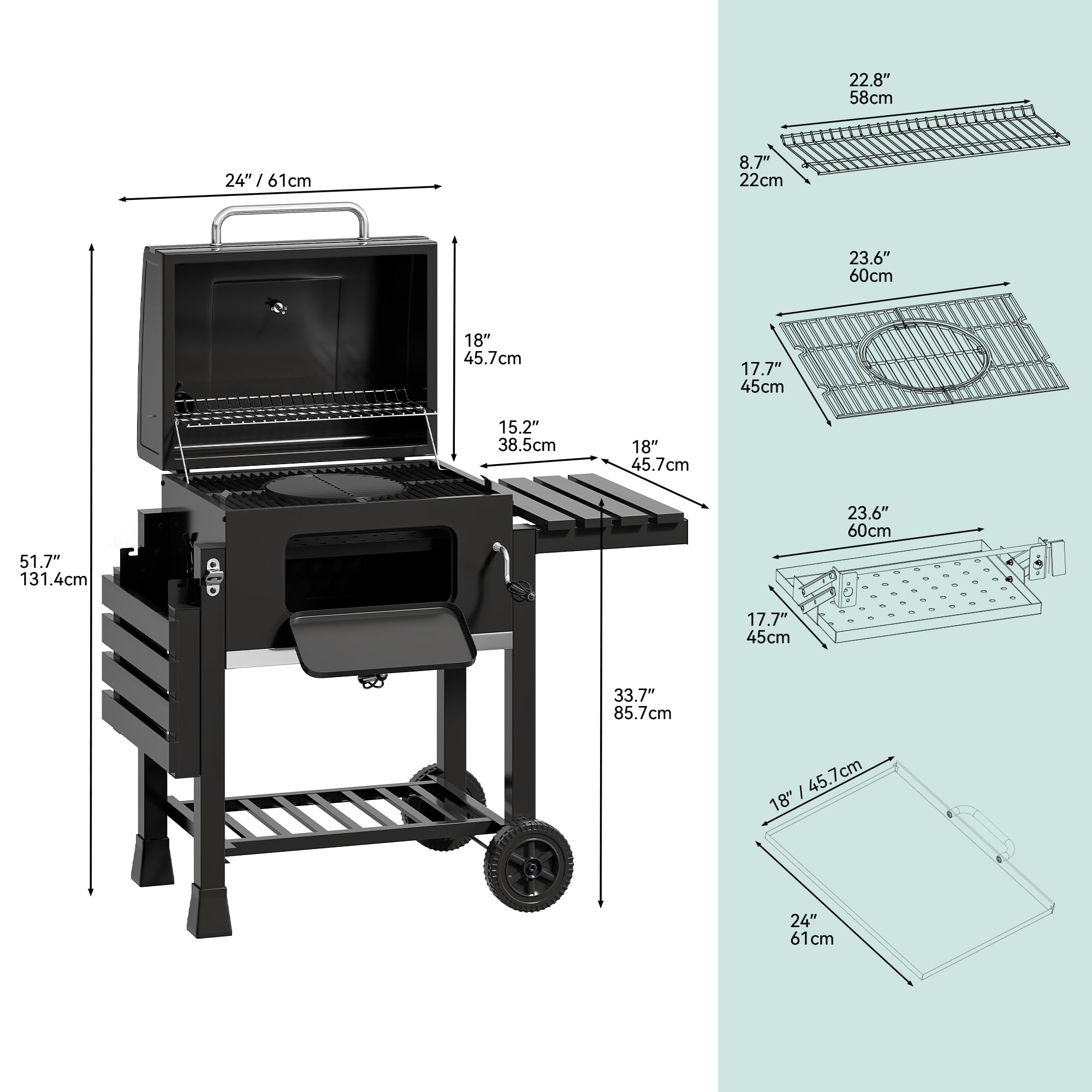 YITAHOME XXL Holzkohlegrill BBQ Smoker Grillwagen mit Deluxe Gusseisenrost & Emaille-Kohlenstoffpfanne, Thermometer, Standgrill für Party, Camping, Garten, inkl. Küchenzange und Handschuh