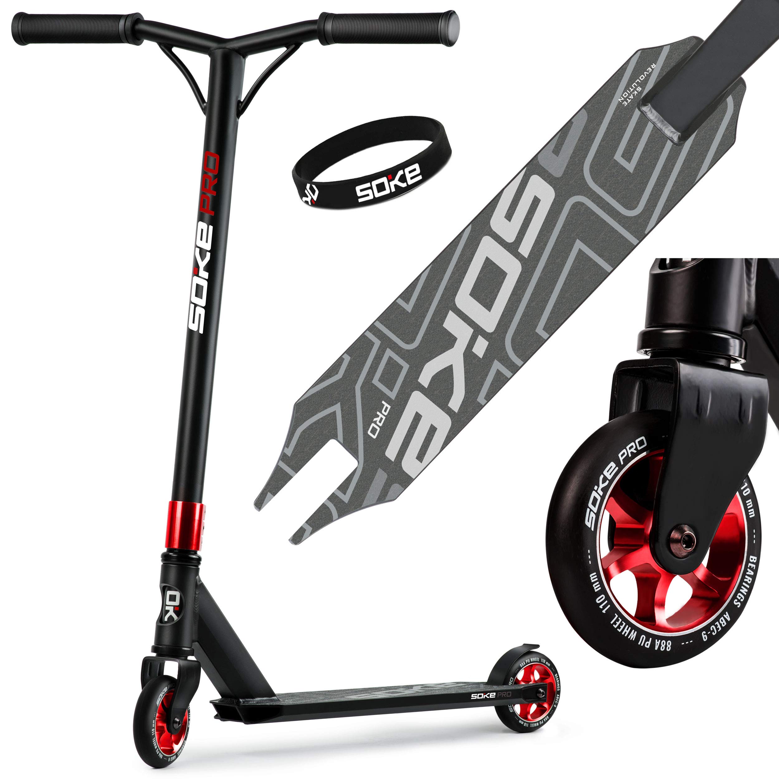 SOKE Stunt Scooter PRO Kick-Scooter mit ABEC 9 Kugellager Tretroller Trick Roller für Erwachsene und Kinder Zweirad Freestyle Cityroller | 2 Räder | Tragkraft 100kg (Schwarz-Rot)