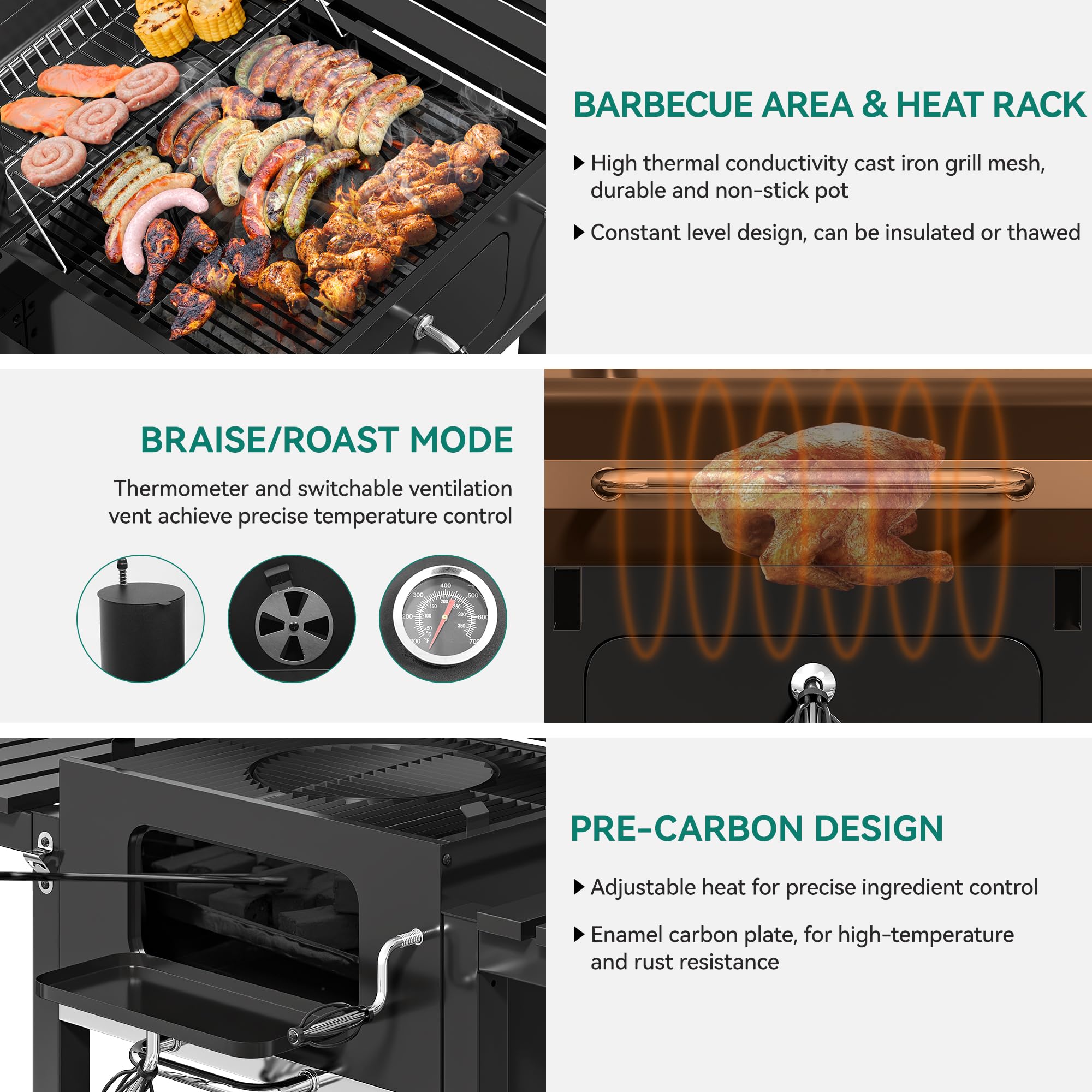 YITAHOME XXL Holzkohlegrill BBQ Smoker Grillwagen mit Deluxe Gusseisenrost & Emaille-Kohlenstoffpfanne, Thermometer, Standgrill für Party, Camping, Garten, inkl. Küchenzange und Handschuh