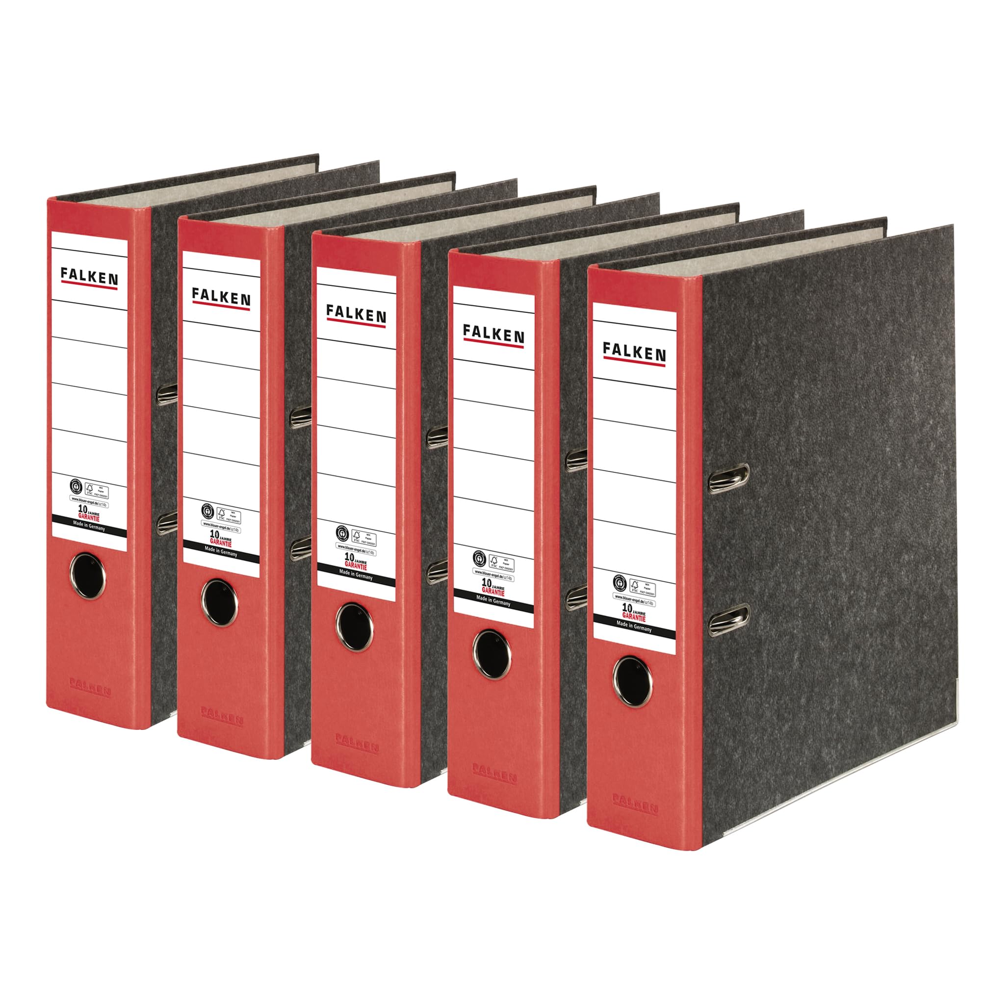 Original Falken 5er Pack Recycling-Ordner Wolkenmarmor. Made in Germany. 8 cm breit DIN A4 roter Rücken Ringordner Aktenordner Briefordner Büroordner Pappordner CO2-Neutral Blauer Engel