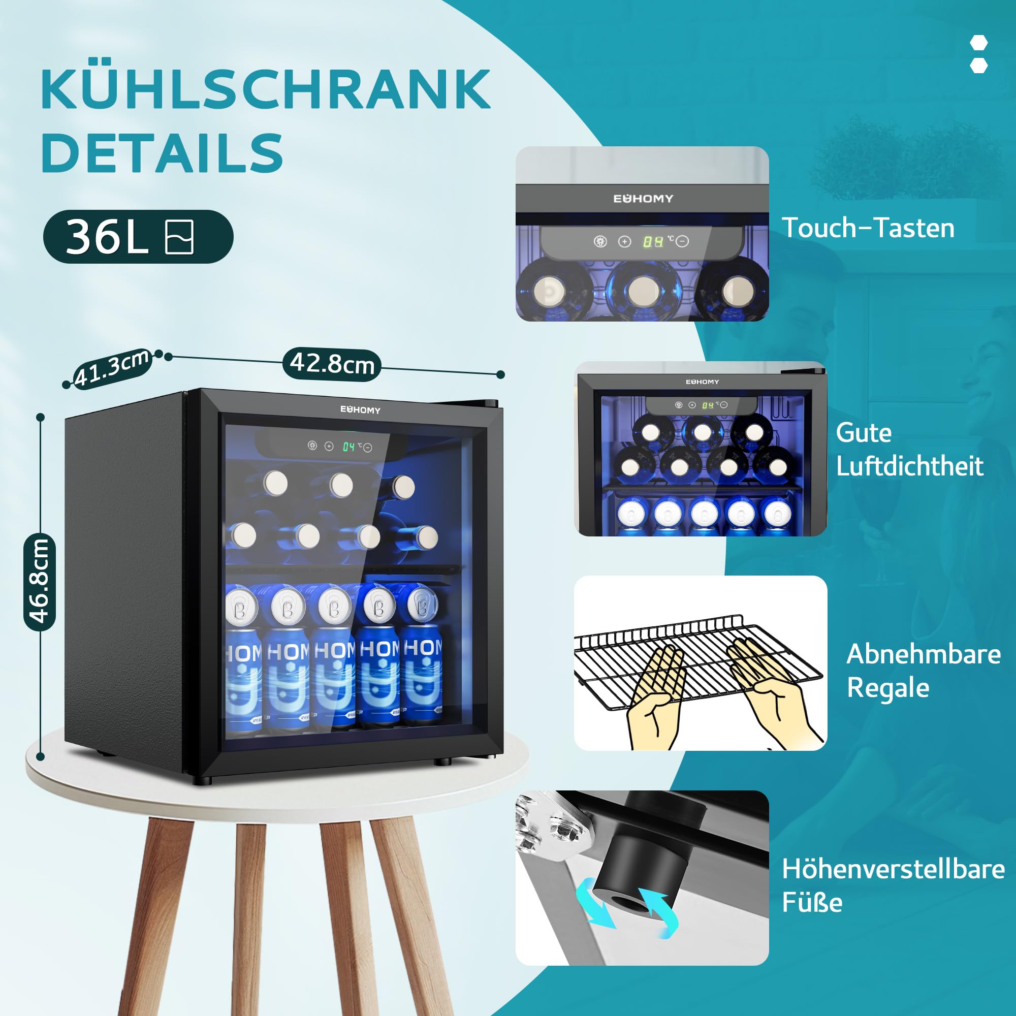 EUHOMY Getränkekühlschrank, Mini Kühlschrank mit Glastür, Bierkühler, Tisch-Getränkekühlschrank für 55 Dosen, Schwarz Freistehender Kühlschrank mit LED, 43dB, für Büro, Zimmer, Bar, 36L, Geräuscharm