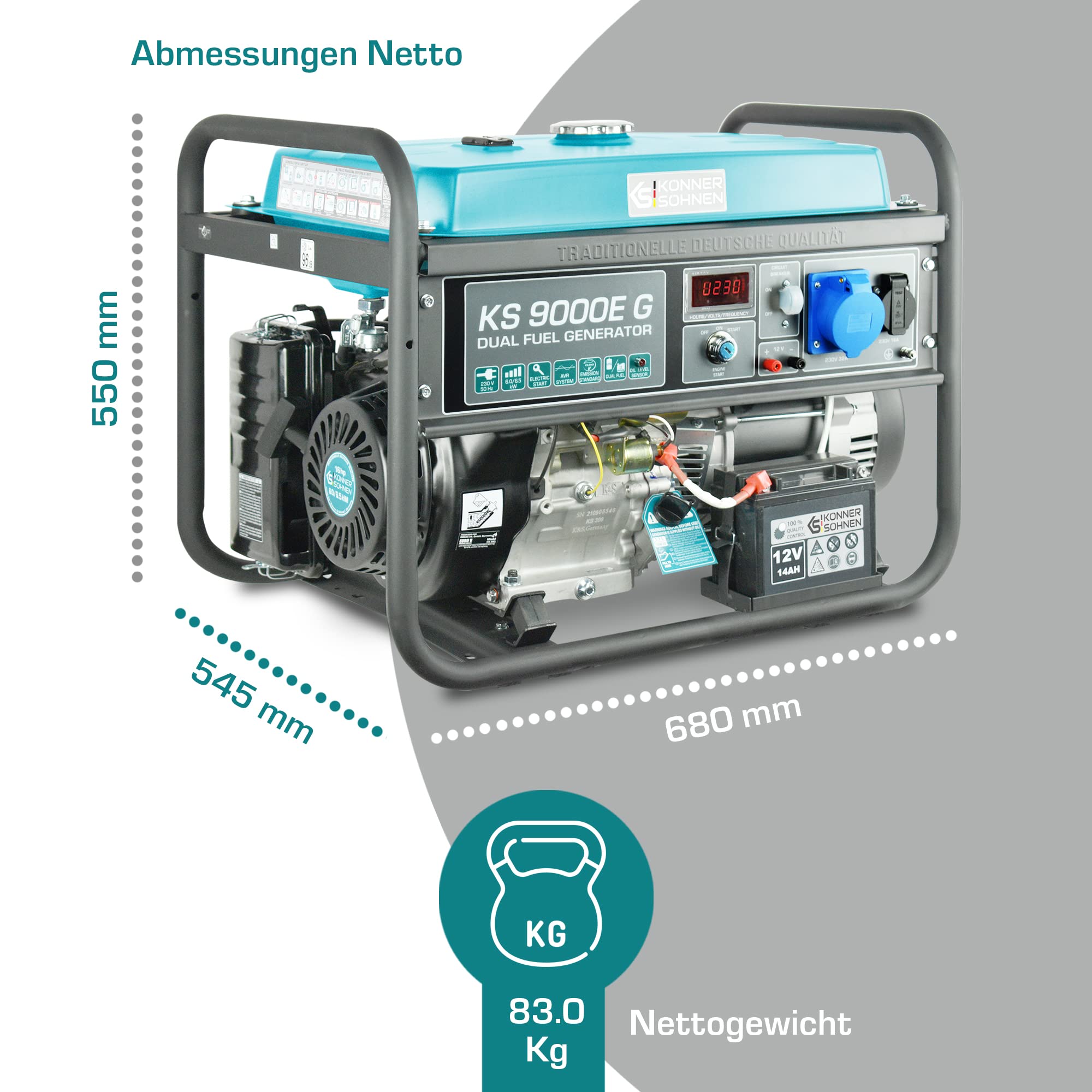 LPG/Benzin-Generator K&S Könner&Söhnen KS 9000E G der DUAL FUEL,notstromaggregat 6500 W,Hand-/Elektroanlass,1x16A, 1х32 (230 V),12V stromerzeuger mit (AVR),stromaggregat, Kurzschlussschutz