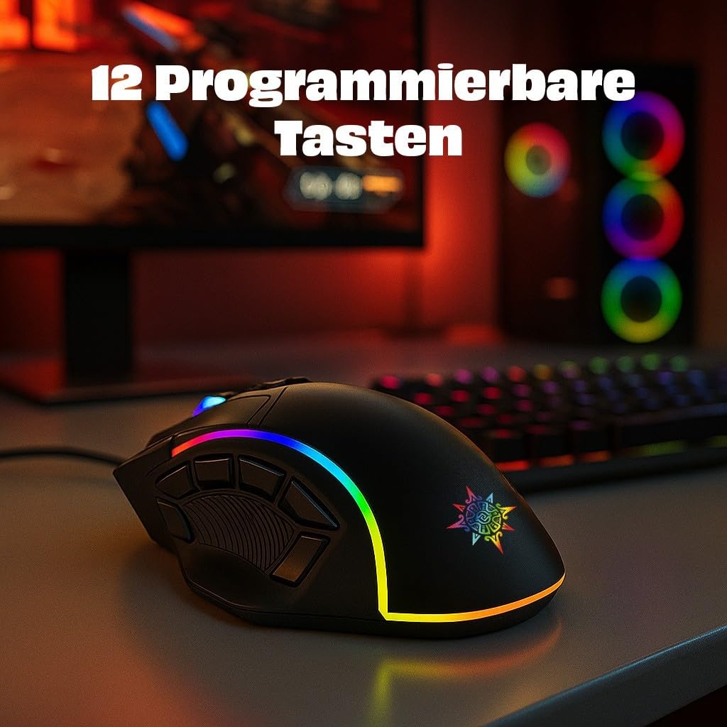 İnca IMG-351 Gaming Maus kabelgebunden – RGB Maus mit 12 800 DPI, 12 programmierbaren Tasten, ergonomischem Design – Gaming-Maus für PC und Laptop Schwarz