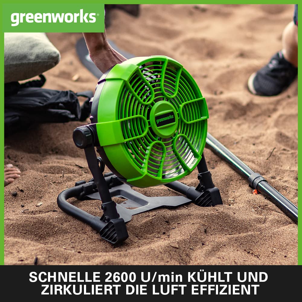 Greenworks G24FAN Akku-Hybrid-Ventilator mit Haken zum Aufhängen, 25,4cm Durchmesser, 2600 U/min, 5 Geschwindigkeitsstufen, 360° drehbarer Kopf, kompatibel mit AC-Kabel, OHNE 24V Akku & Ladegerät