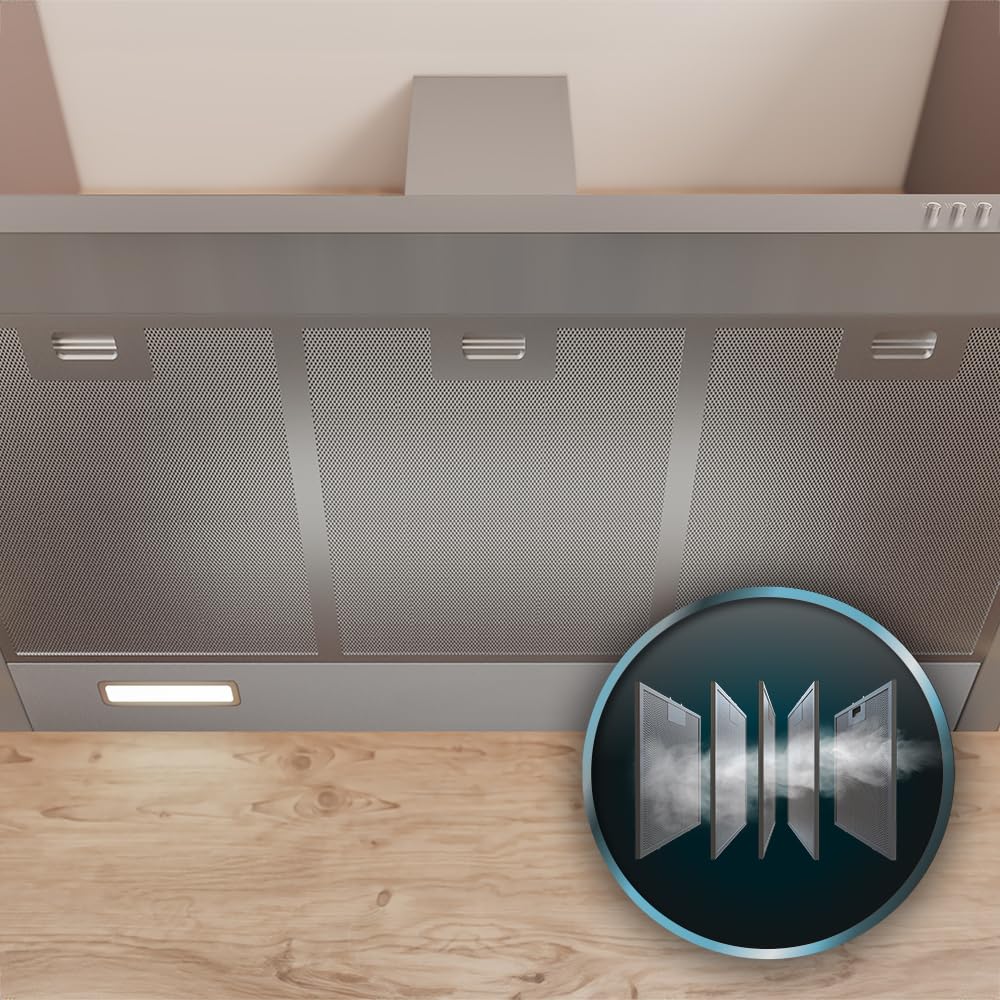 Cecotec Bolero Flux PM 906500 Edelstahl A 906500 pyramidenförmige Dunstabzugshaube, Motor 165 W, schwarzes Finish, Saugleistung 650 m³/h, mechanische Steuerung, 3 Leistungsstufen, Licht und