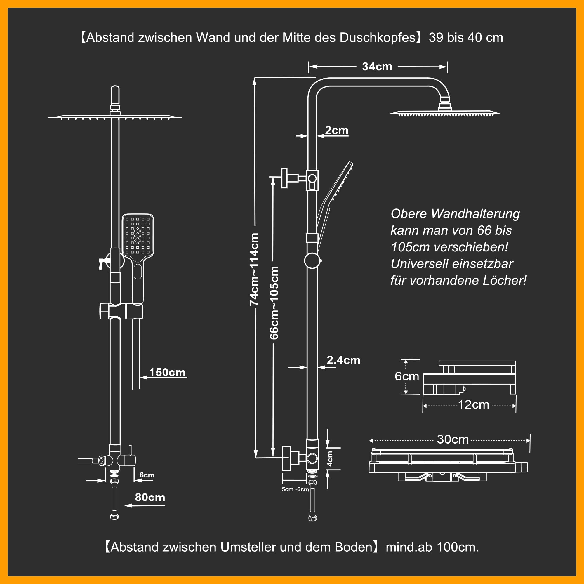 Görbach Regendusche Duschset ohne Armatur mit Ablage, Edelstahl Duschsystem mit Duschregal, Duschstange, Wassersparend, Kopfbrause 25x25cm Chrom