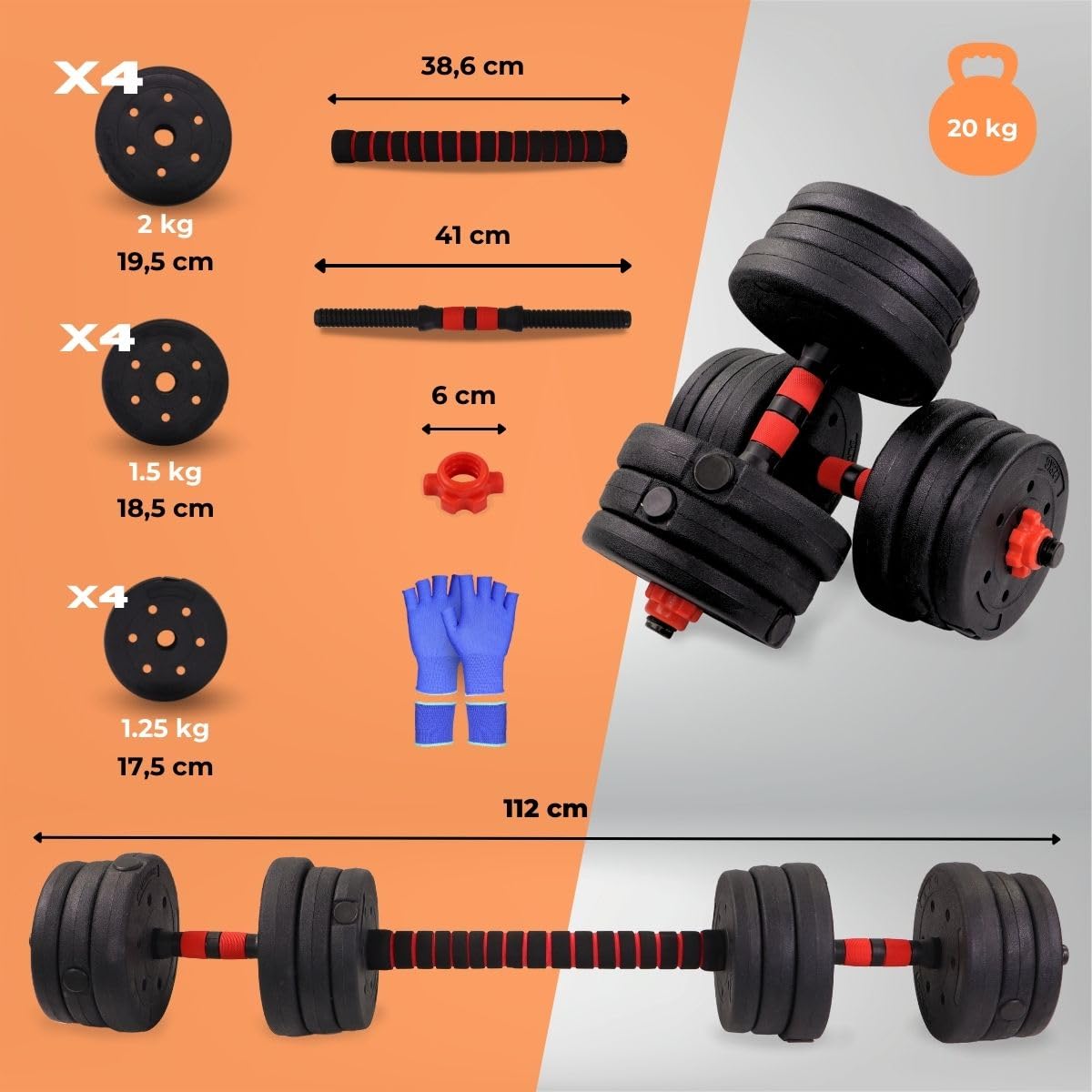 Mobiclinic® fitness, Hantelset verstellbar, 2 in 1, Extenfit, Gewicht von 2-20 kg, Enthält hanteln und gepolsterte verlängerungsstange, Rutschfeste muttern, Robuster stahl, Heim-fitnessstudio