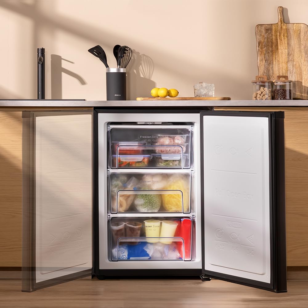 Cecotec Vertikaler Tischgefrierschrank 97 L Bolero CoolMarket TF 97 White, Energieeffizienzklasse E, Kompakte Bauweise, Umkehrbare Tür, 3 Schubladen, Maße 55,1 x 57,5 x 83,5 cm, Farbe Weiß