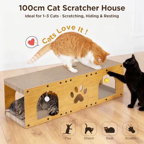 Gimars 100x30x30 cm Kratzbrett Katzen mit Spielball,Tunnel, Kratzpappe für Katzen groß XXL Katzenhaus Pappe, Kratzmöbel als Möbelschutz Indoor