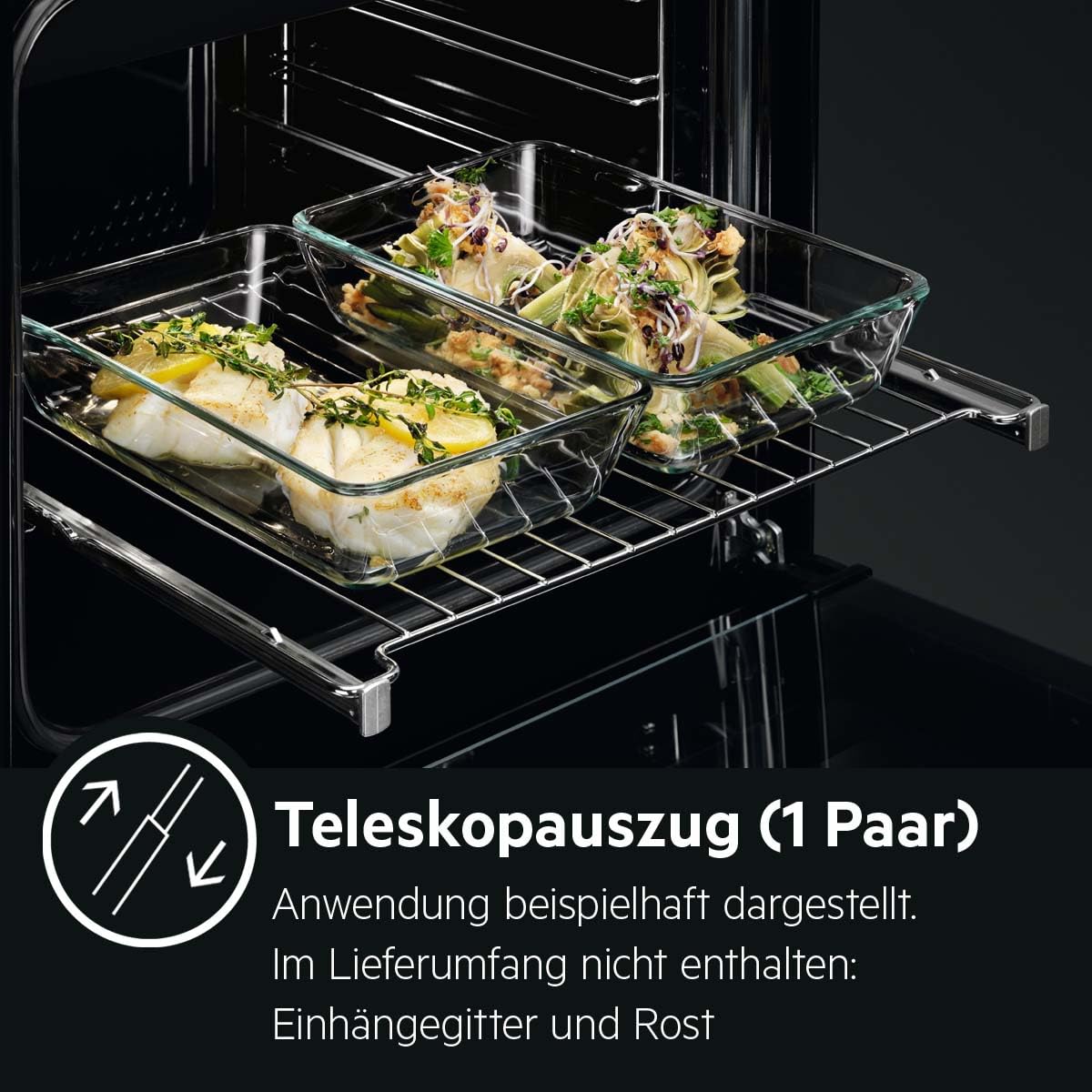 AEG Backofenvollauszug (1 Paar), Teleskopbackauszug variabel auf die Einschubgitter klemmbar, Bleche lassen sich bequem und sicher bis zur vollen Blechlänge herausziehen, Sicherheitsstopp, COTRUN1F