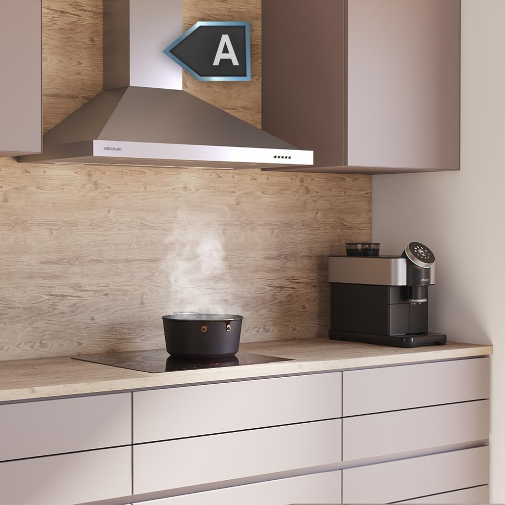 Cecotec Bolero Flux PM 906500 Edelstahl A 906500 pyramidenförmige Dunstabzugshaube, Motor 165 W, schwarzes Finish, Saugleistung 650 m³/h, mechanische Steuerung, 3 Leistungsstufen, Licht und