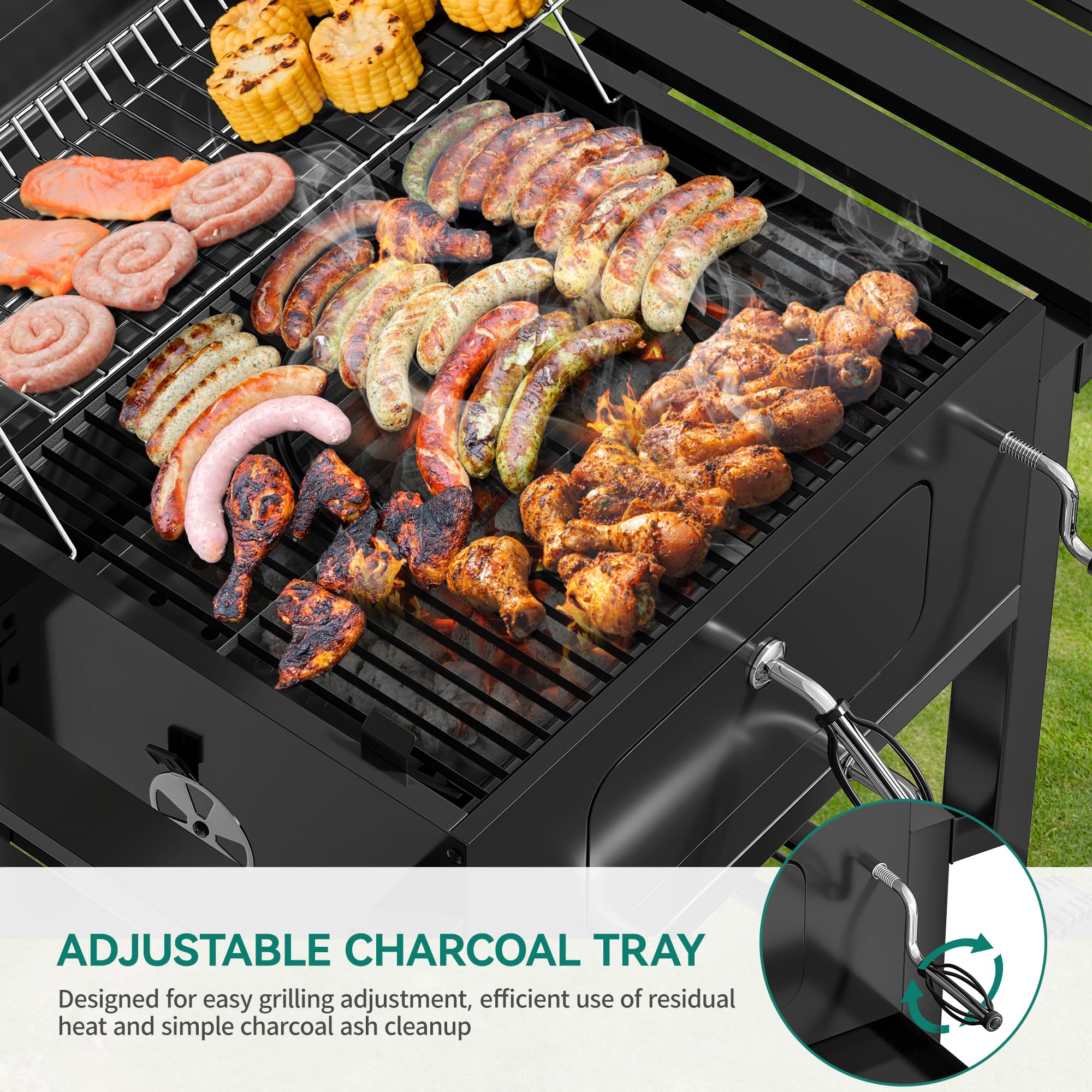 YITAHOME XXL Holzkohlegrill BBQ Smoker Grillwagen mit Deluxe Gusseisenrost & Emaille-Kohlenstoffpfanne, Thermometer, Standgrill für Party, Camping, Garten, inkl. Küchenzange und Handschuh