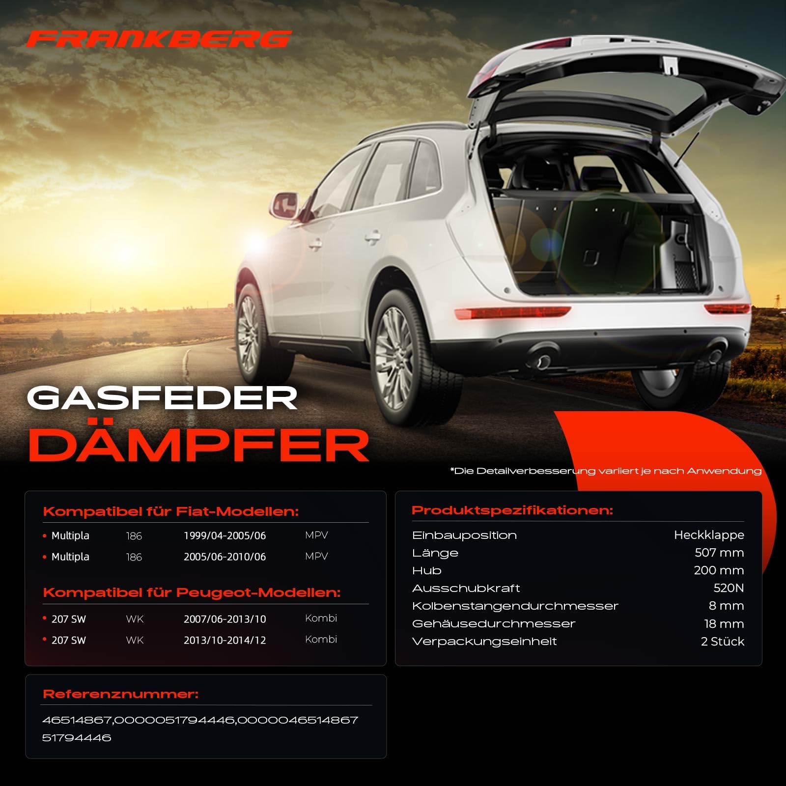 Frankberg 2x Gasfeder Dämpfer Heckklappe Kompatibel mit Multipla 186 MPV Van 1999-2010 207 SW WK Kombi 2007-2014 Replace# 46514867