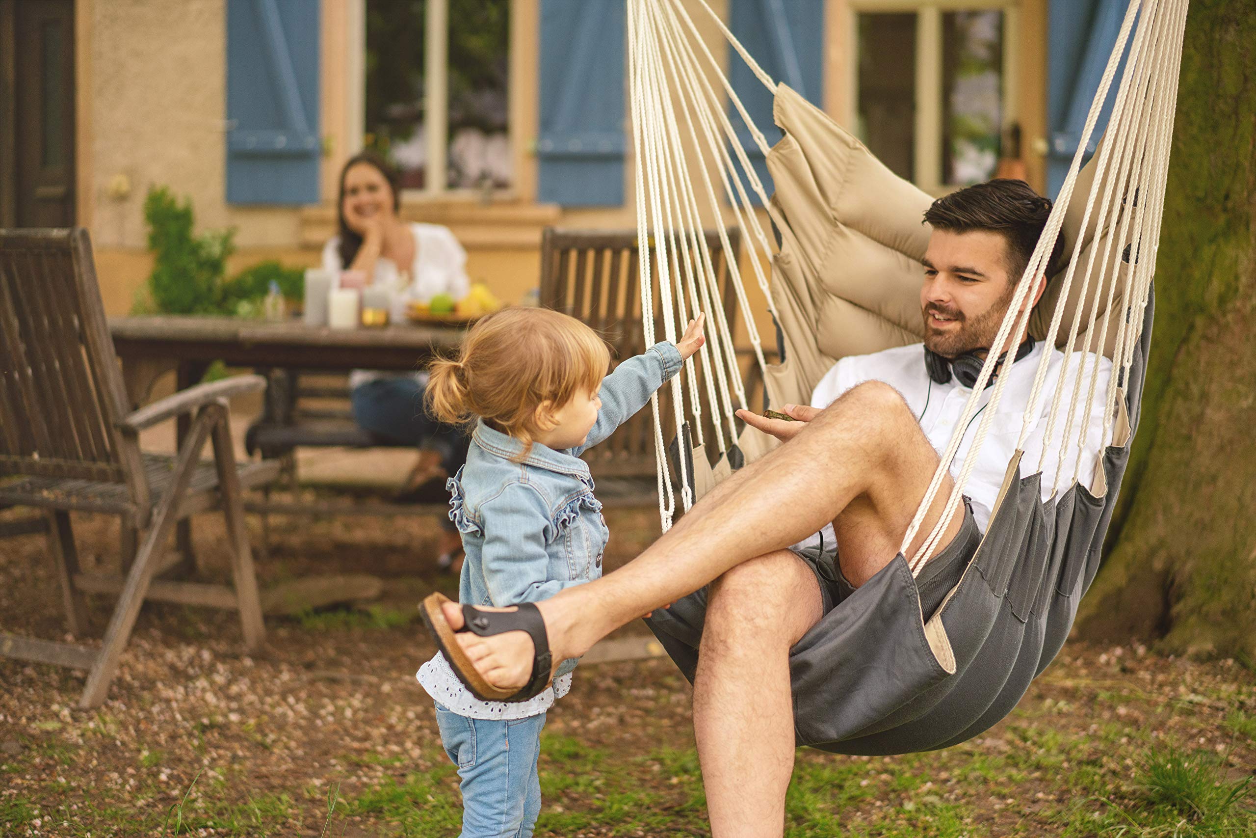 AMAZONAS Extra bequemer Hängesessel California Sand weich gepolstert Stablänge 110 cm bis 150 kg zweifarbig Beige/Anthrazit