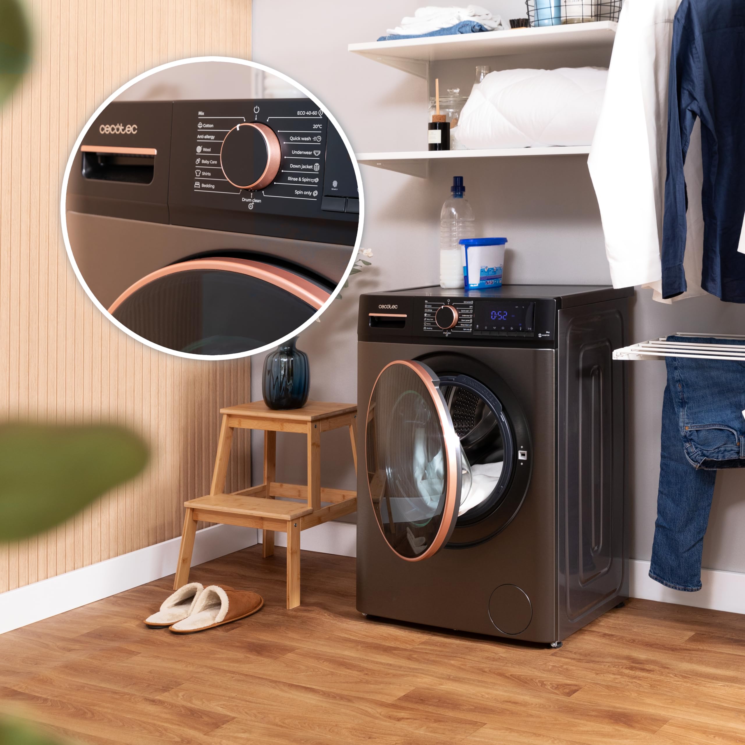 Cecotec Frontlader-Waschmaschine 9 kg Bolero Dresscode 9610 Inverter Steel A. 2000W, 1400 U/min, Niedriger Verbrauch, Dampffunktion, Inverter Plus Motor, Optimiert Wasser- und Waschmittelverbrauch