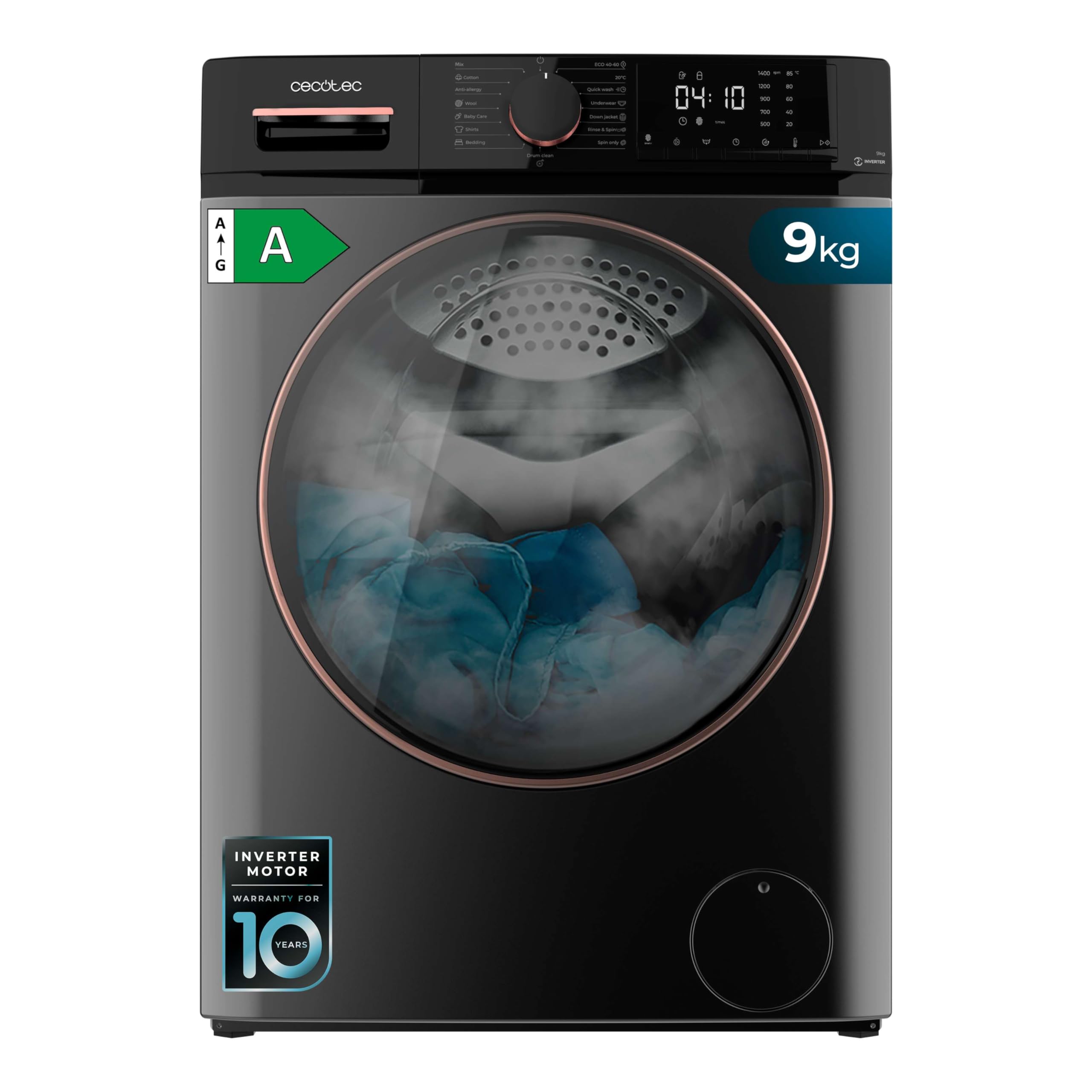 Cecotec Frontlader-Waschmaschine 9 kg Bolero Dresscode 9610 Inverter Steel A. 2000W, 1400 U/min, Niedriger Verbrauch, Dampffunktion, Inverter Plus Motor, Optimiert Wasser- und Waschmittelverbrauch