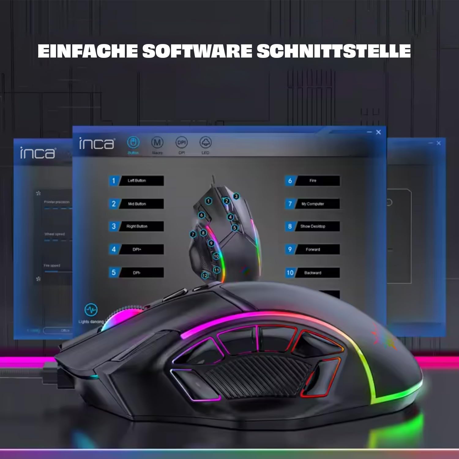 İnca IMG-351 Gaming Maus kabelgebunden – RGB Maus mit 12 800 DPI, 12 programmierbaren Tasten, ergonomischem Design – Gaming-Maus für PC und Laptop Schwarz