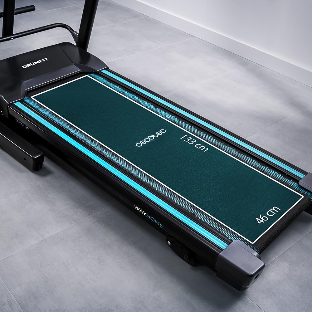 Cecotec Faltbares Laufband DrumFit WayHome, Neigung, Massagegürtel, Hanteln und Schaumstoffstangen, 1-18 km/h, 12 Programme, Breite Lauffläche