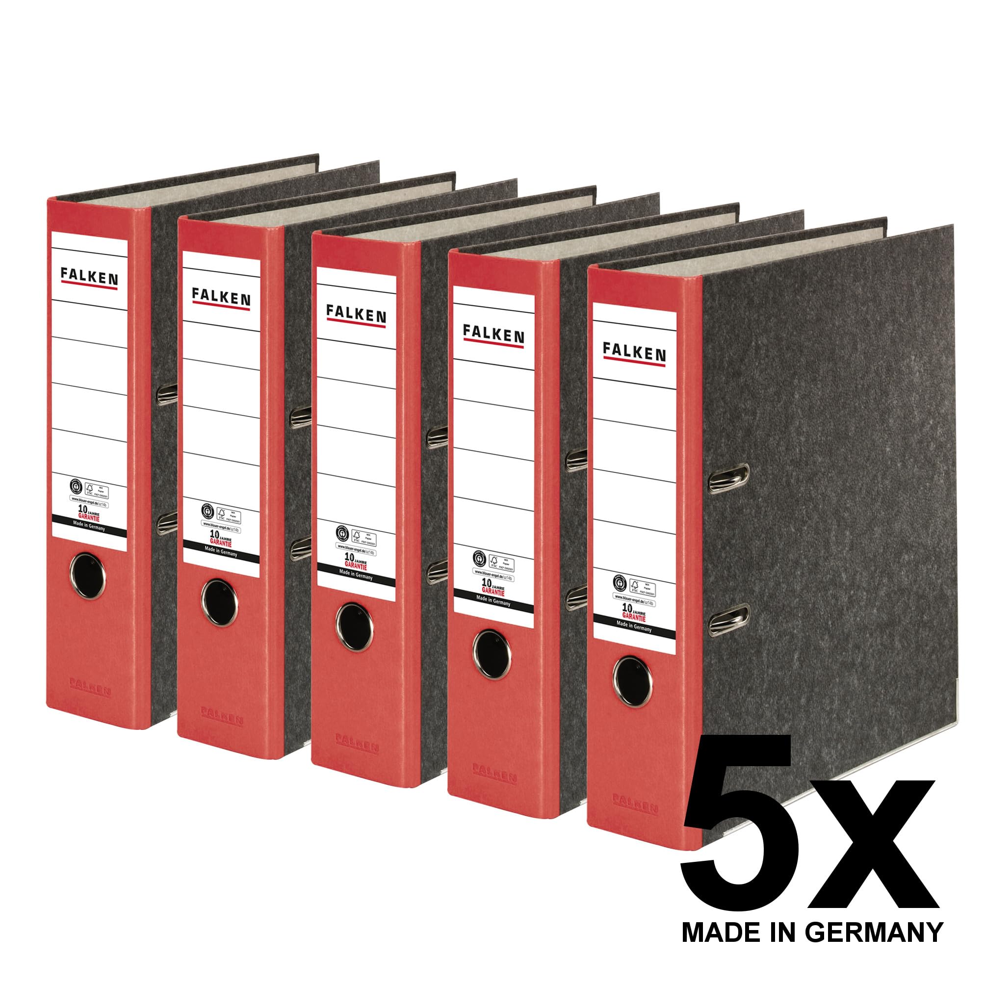 Original Falken 5er Pack Recycling-Ordner Wolkenmarmor. Made in Germany. 8 cm breit DIN A4 roter Rücken Ringordner Aktenordner Briefordner Büroordner Pappordner CO2-Neutral Blauer Engel