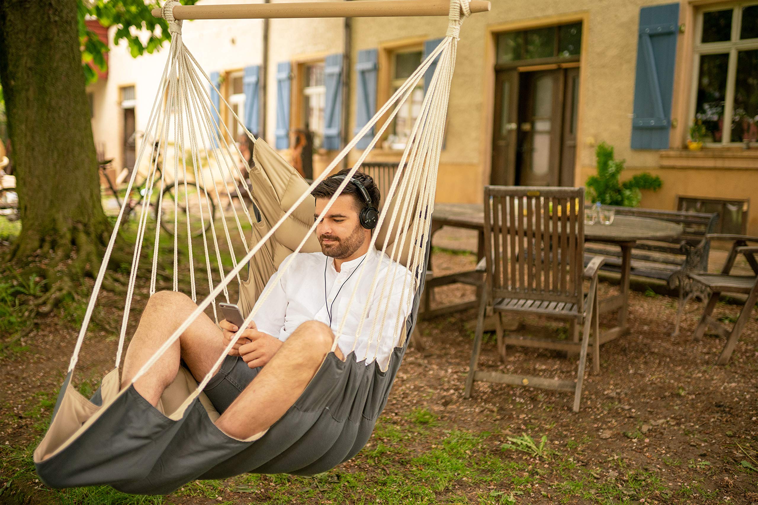 AMAZONAS Extra bequemer Hängesessel California Sand weich gepolstert Stablänge 110 cm bis 150 kg zweifarbig Beige/Anthrazit