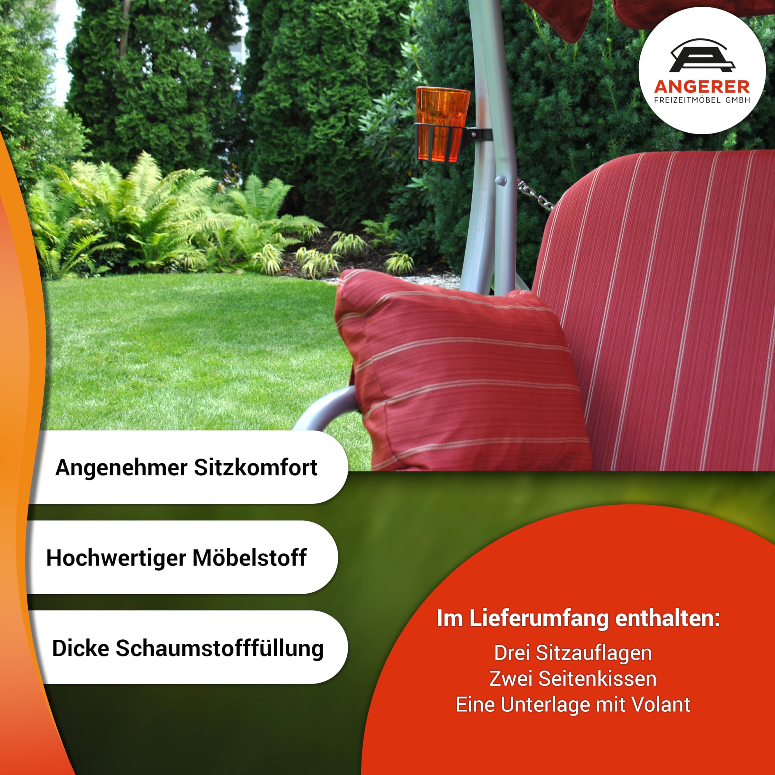 Angerer Hollywoodschaukel Ibiza – Schaukel zum Sitzen, Liegen & Entspannen, inkl. Bett-Funktion, einfache Montage, Made in Germany, hochwertiger Stoff, Bordeaux mit Streifen