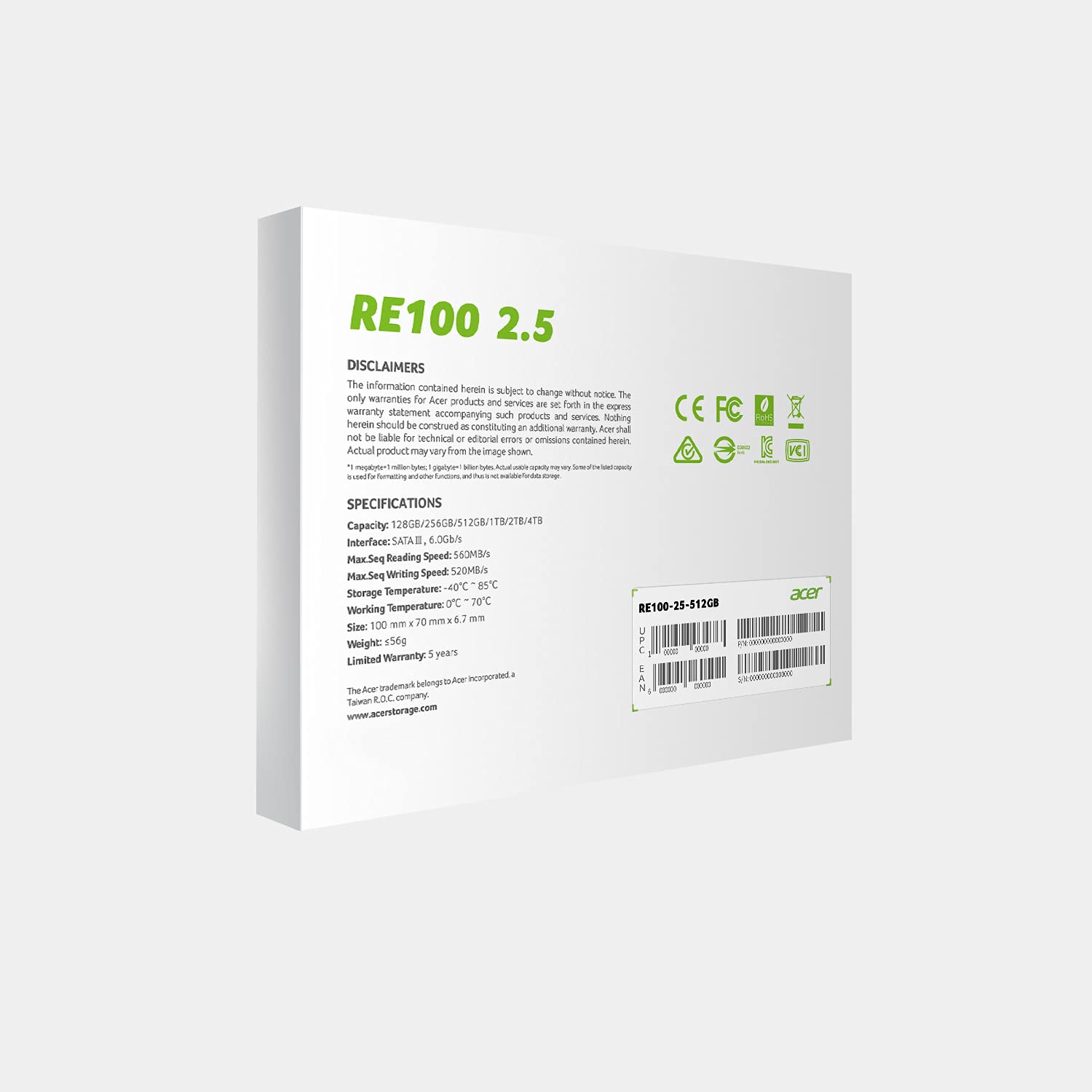 acer RE100 512GB SATA SSD 2,5" - bis zu 560 MB/s Lesen - 3D TLC NAND - Schnelle, Leise, Stoßfeste Solid State Festplatte