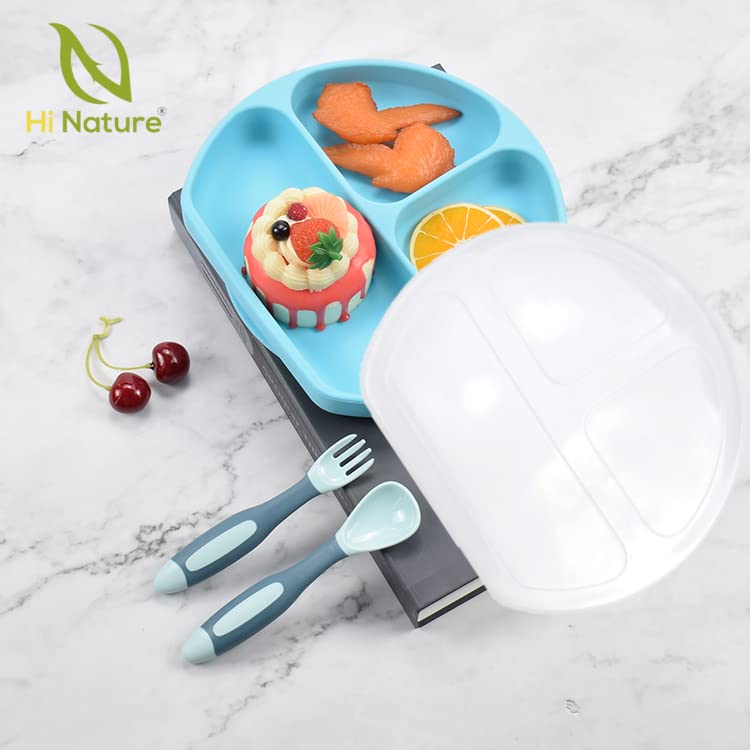 Hallo Nature Babyplatte mit Saugnapf inklusive Kinderbesteck, Anti-Rutsch-Kindergeschirr, Silikonplatte für Babybrei, Kinderteller, BPA-freier Tischgeschirr, Kindertischset, Farbe: blau