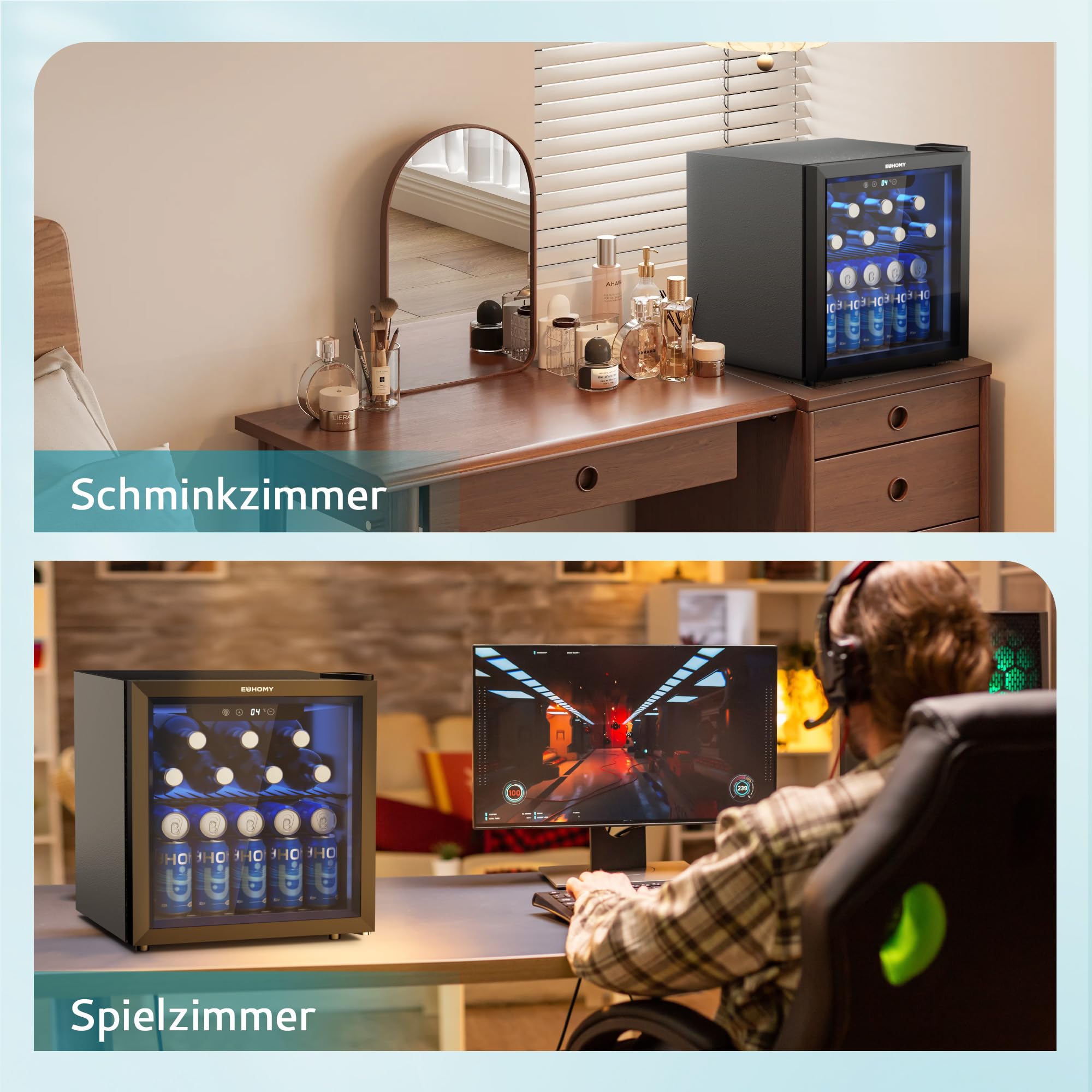 EUHOMY Getränkekühlschrank, Mini Kühlschrank mit Glastür, Bierkühler, Tisch-Getränkekühlschrank für 55 Dosen, Schwarz Freistehender Kühlschrank mit LED, 43dB, für Büro, Zimmer, Bar, 36L, Geräuscharm