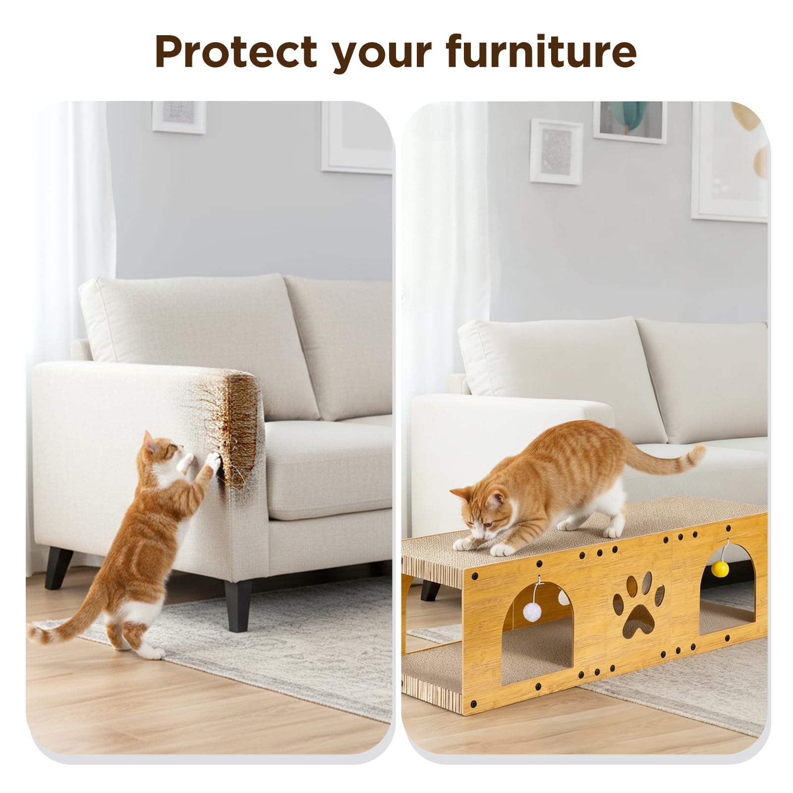 Gimars 100x30x30 cm Kratzbrett Katzen mit Spielball,Tunnel, Kratzpappe für Katzen groß XXL Katzenhaus Pappe, Kratzmöbel als Möbelschutz Indoor