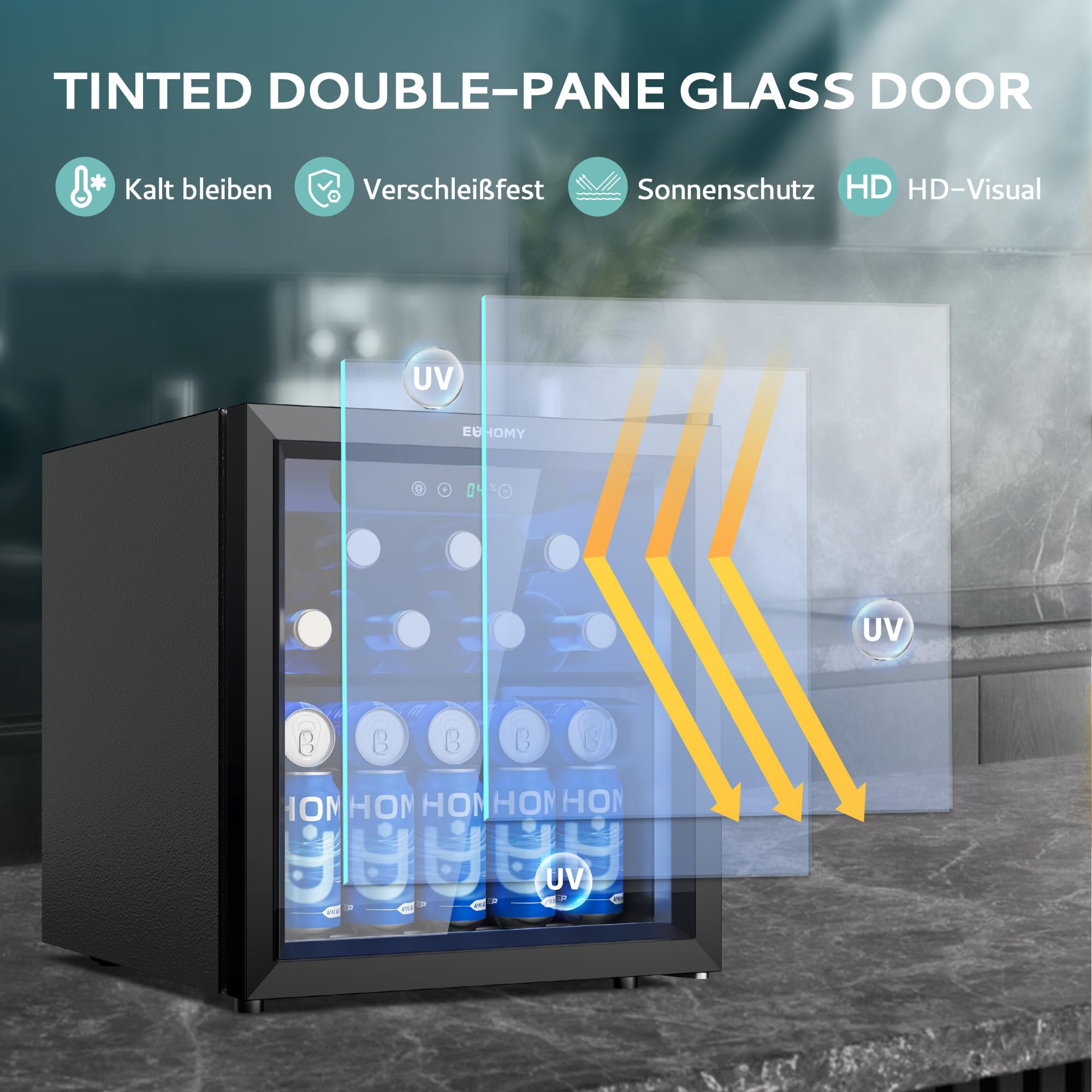 EUHOMY Getränkekühlschrank, Mini Kühlschrank mit Glastür, Bierkühler, Tisch-Getränkekühlschrank für 55 Dosen, Schwarz Freistehender Kühlschrank mit LED, 43dB, für Büro, Zimmer, Bar, 36L, Geräuscharm