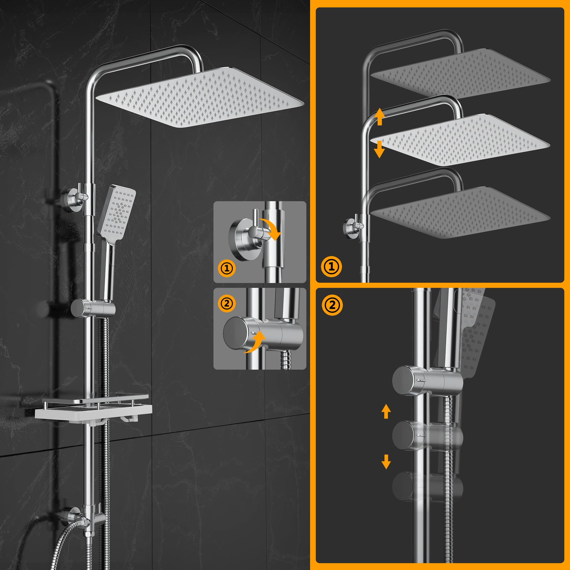 Görbach Regendusche Duschset ohne Armatur mit Ablage, Edelstahl Duschsystem mit Duschregal, Duschstange, Wassersparend, Kopfbrause 25x25cm Chrom
