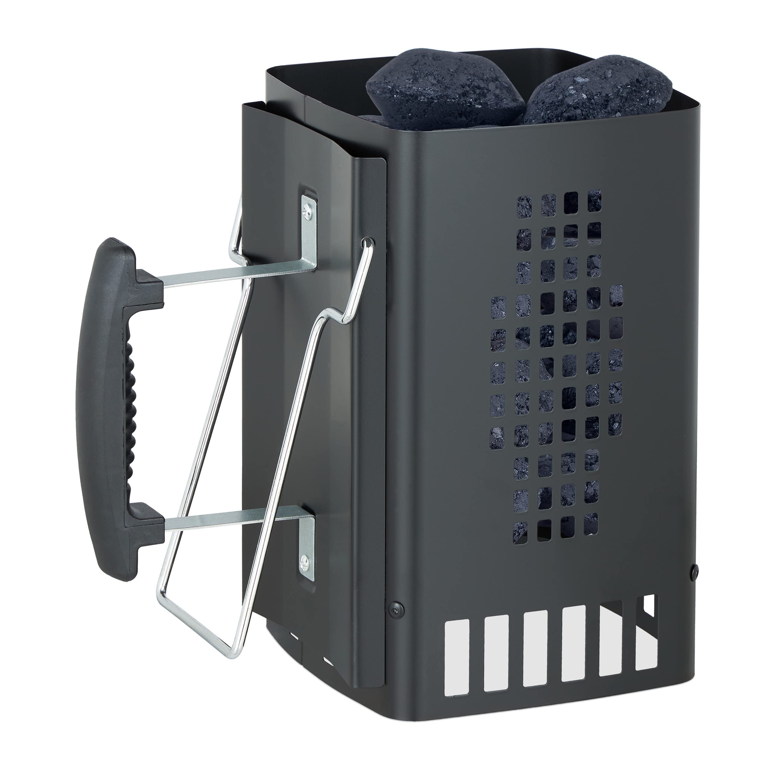 Relaxdays Anzündkamin Grill, mit Sicherheitsgriff & Haltebügel, HBT: 27 x 18 x 17 cm, Anzündhilfe Grillkohle, schwarz