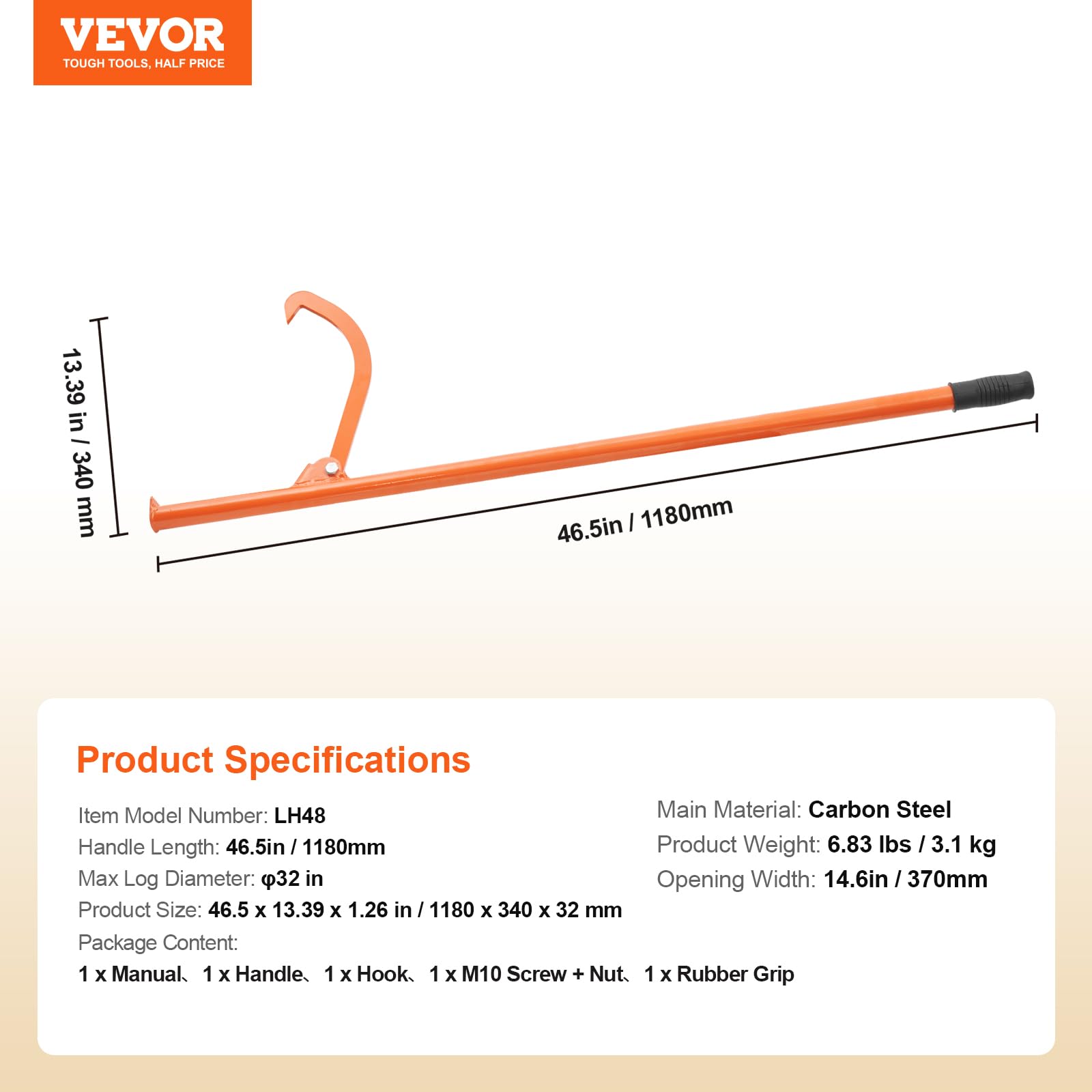 VEVOR Fällheber, 1180 mm, robuster Stammheber aus Stahl, Forsthaken, Holzheber für Stämme mit 81 cm Durchmesser, Forstwerkzeug, Fällhilfe mit Doppelfunktion zum Rollen & Festklemmen von Stämmen