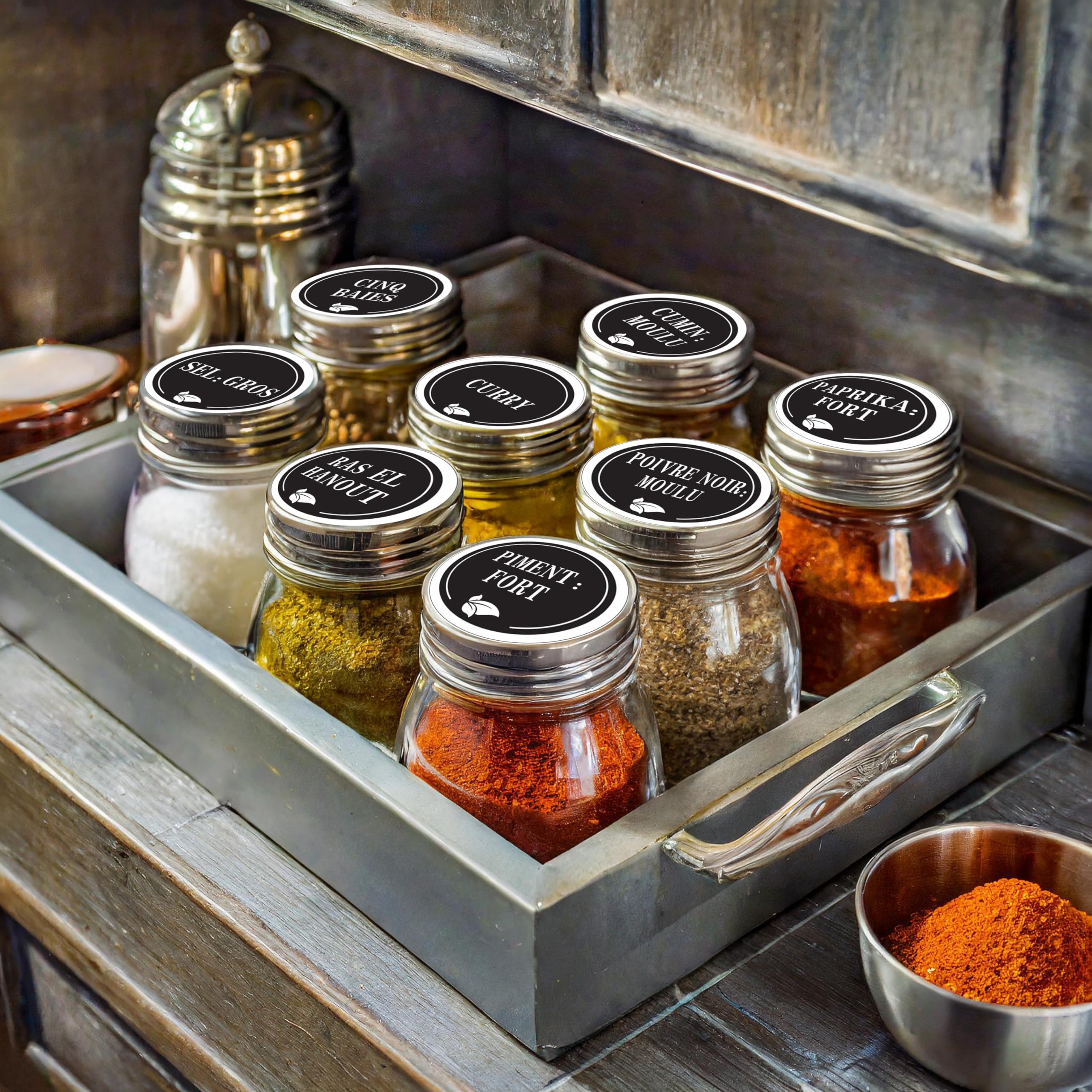 Französische Gewürzetiketten für Einmachgläser – 200 selbstklebende Sticker schwarz – rund & rechteckig – weißer Marker inklusive – Küche organisiert & lesbar