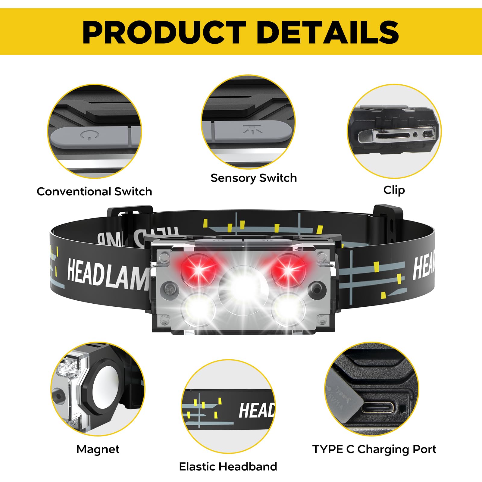 DAWINSIE Stirnlampe LED Wiederaufladbar [2 Stück], Wasserdichte Kopflampe mit 6 Lichtmodi, Superhell Intelligenter Sensor Stirnlampen für Hikezeit, joggen, Angeln,Campen,Klettern