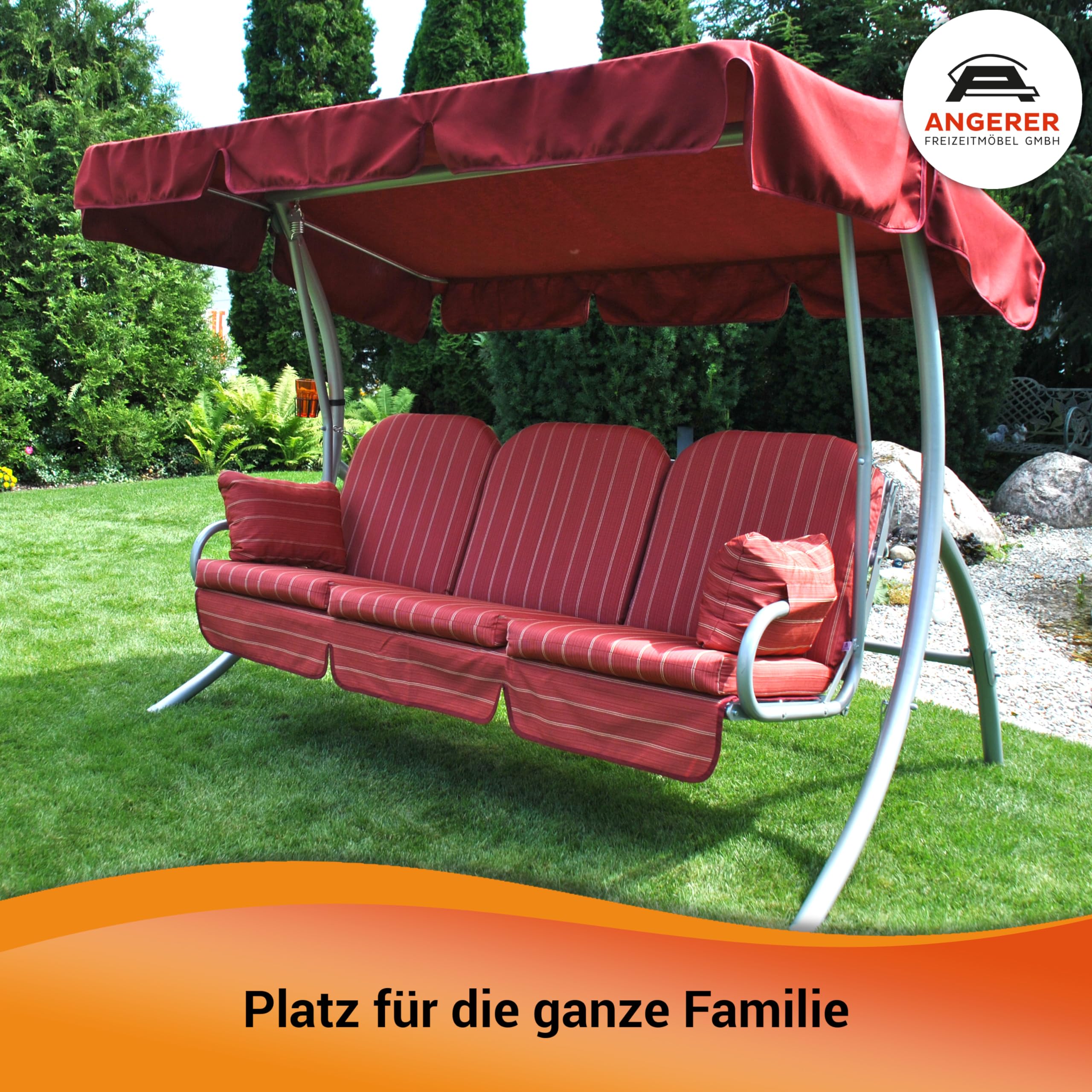 Angerer Hollywoodschaukel Ibiza – Schaukel zum Sitzen, Liegen & Entspannen, inkl. Bett-Funktion, einfache Montage, Made in Germany, hochwertiger Stoff, Bordeaux mit Streifen