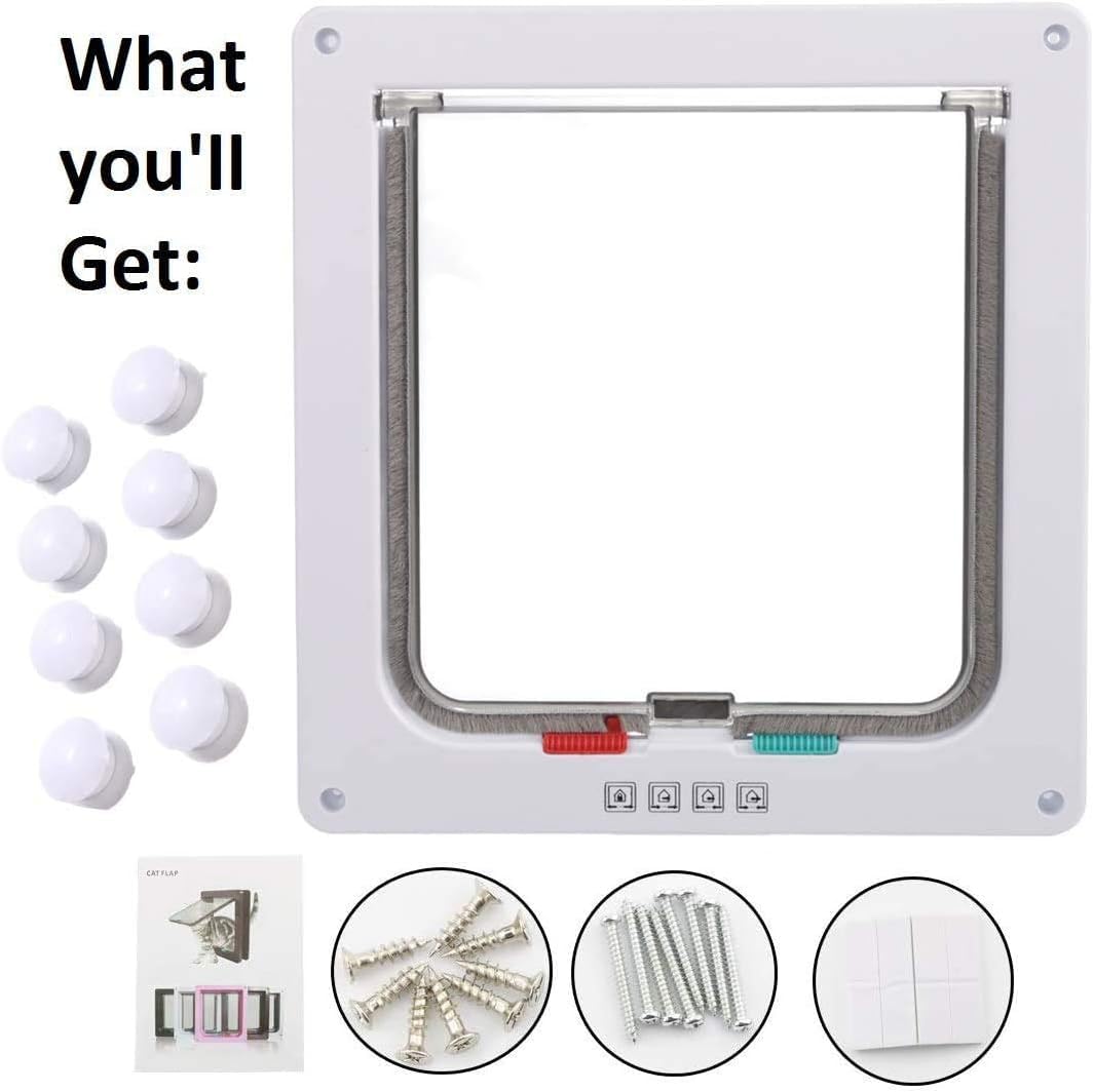 Sailnovo Katzenklappe 4-Way Magnetic Lock hundeklappe Haustiertüre Cat Flap 19 * 20 * 5.5cm Dog Cat Pet Door Flap Easy Install with Telescopic Frame with Heavy Duty Quiet Magnetic Frame, M weiß…