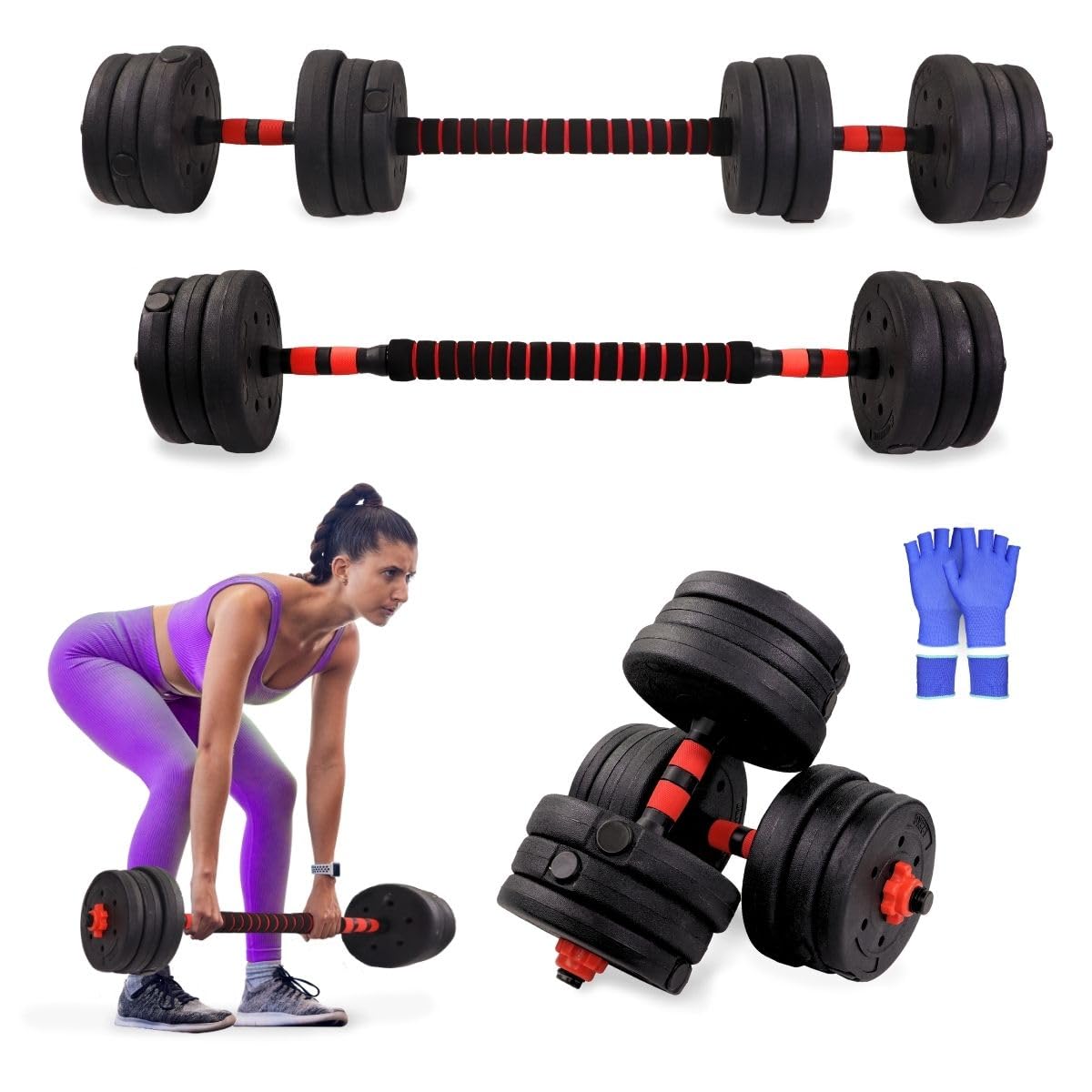 Mobiclinic® fitness, Hantelset verstellbar, 2 in 1, Extenfit, Gewicht von 2-20 kg, Enthält hanteln und gepolsterte verlängerungsstange, Rutschfeste muttern, Robuster stahl, Heim-fitnessstudio