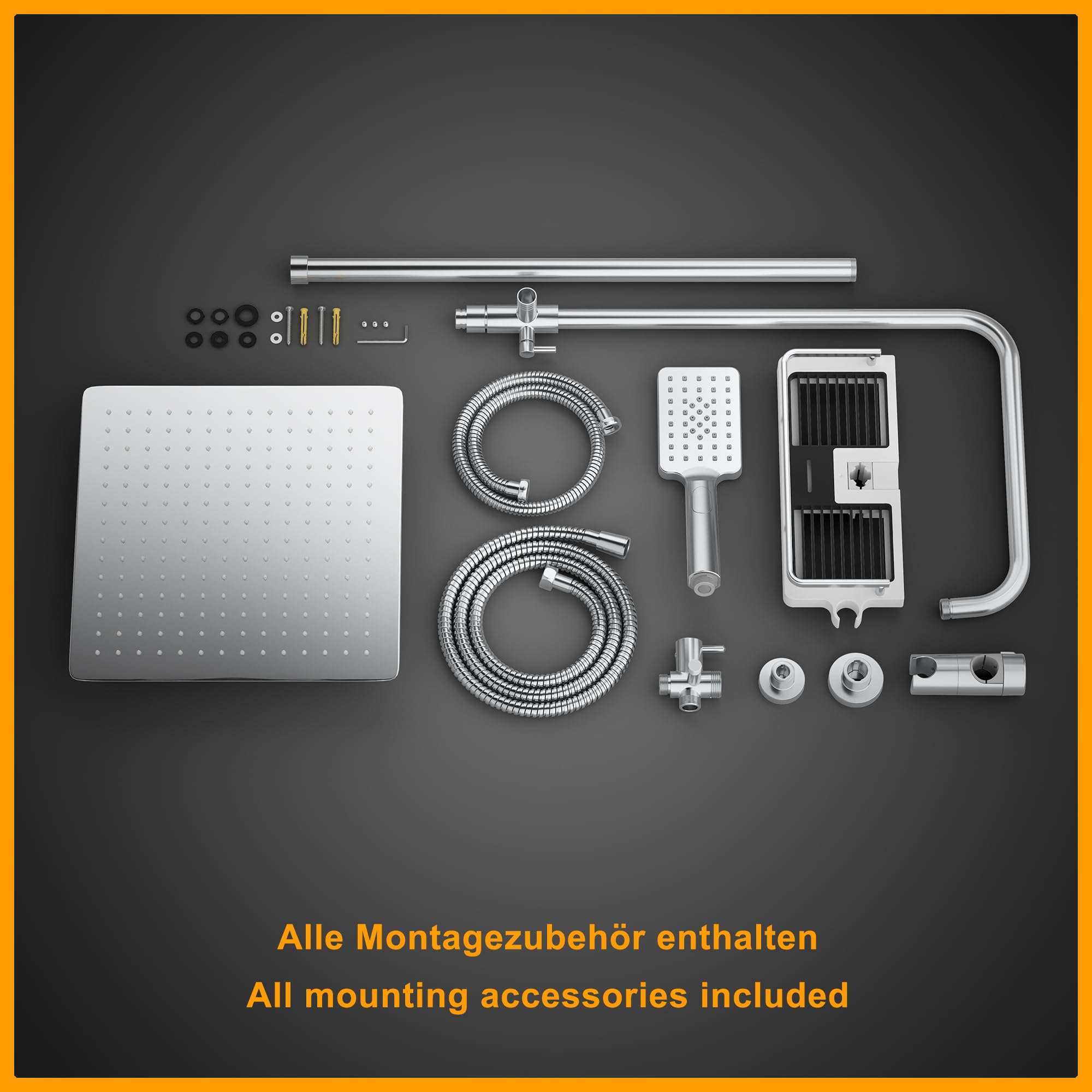 Görbach Regendusche Duschset ohne Armatur mit Ablage, Edelstahl Duschsystem mit Duschregal, Duschstange, Wassersparend, Kopfbrause 25x25cm Chrom