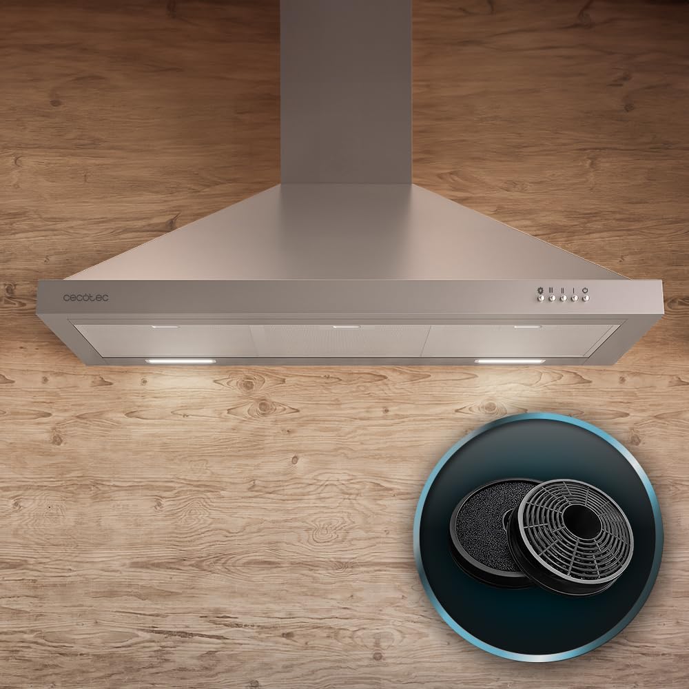 Cecotec Bolero Flux PM 906500 Edelstahl A 906500 pyramidenförmige Dunstabzugshaube, Motor 165 W, schwarzes Finish, Saugleistung 650 m³/h, mechanische Steuerung, 3 Leistungsstufen, Licht und