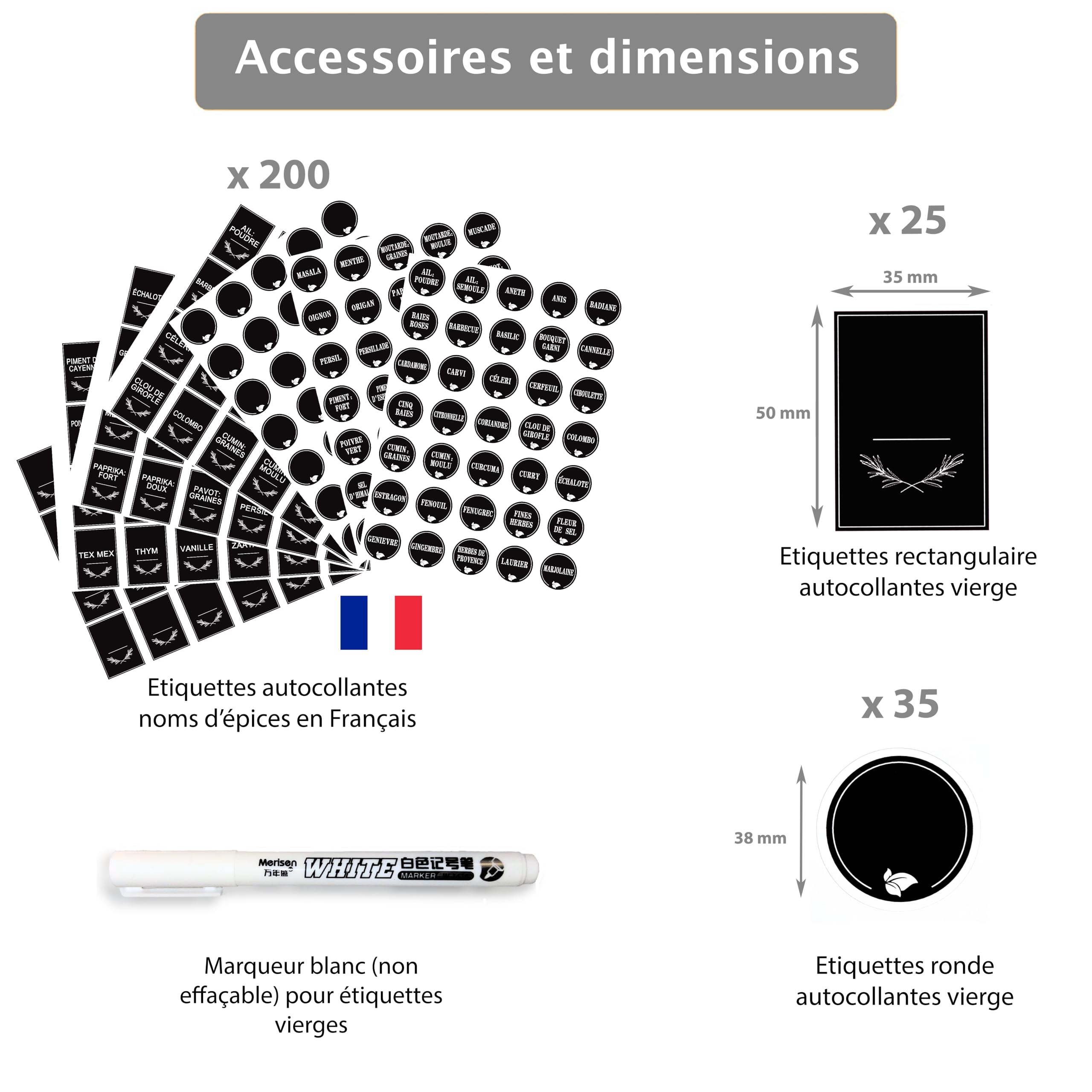 Französische Gewürzetiketten für Einmachgläser – 200 selbstklebende Sticker schwarz – rund & rechteckig – weißer Marker inklusive – Küche organisiert & lesbar