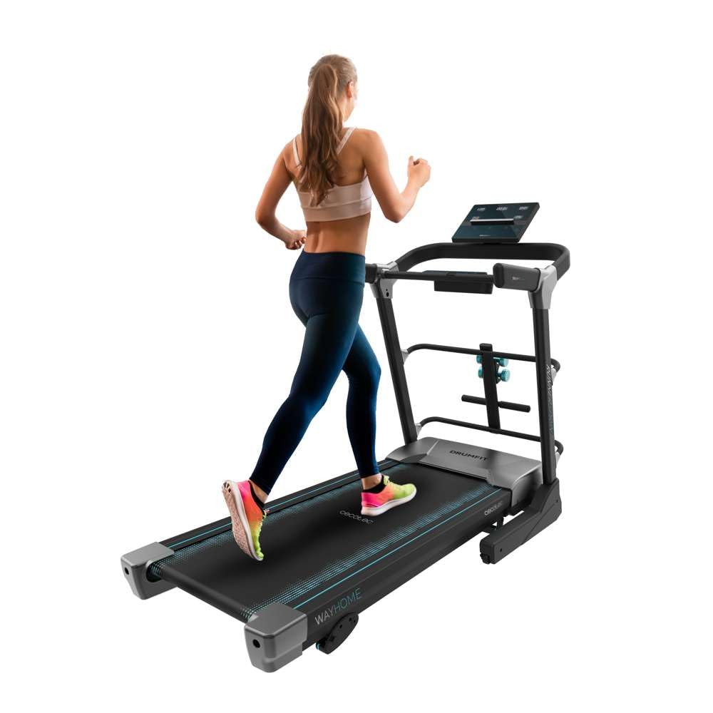 Cecotec Faltbares Laufband DrumFit WayHome, Neigung, Massagegürtel, Hanteln und Schaumstoffstangen, 1-18 km/h, 12 Programme, Breite Lauffläche