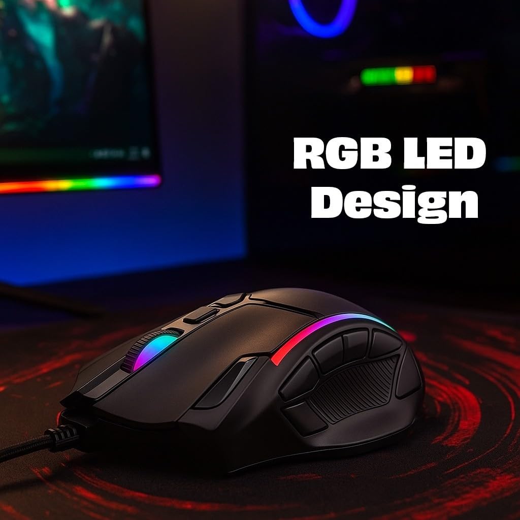 İnca IMG-351 Gaming Maus kabelgebunden – RGB Maus mit 12 800 DPI, 12 programmierbaren Tasten, ergonomischem Design – Gaming-Maus für PC und Laptop Schwarz