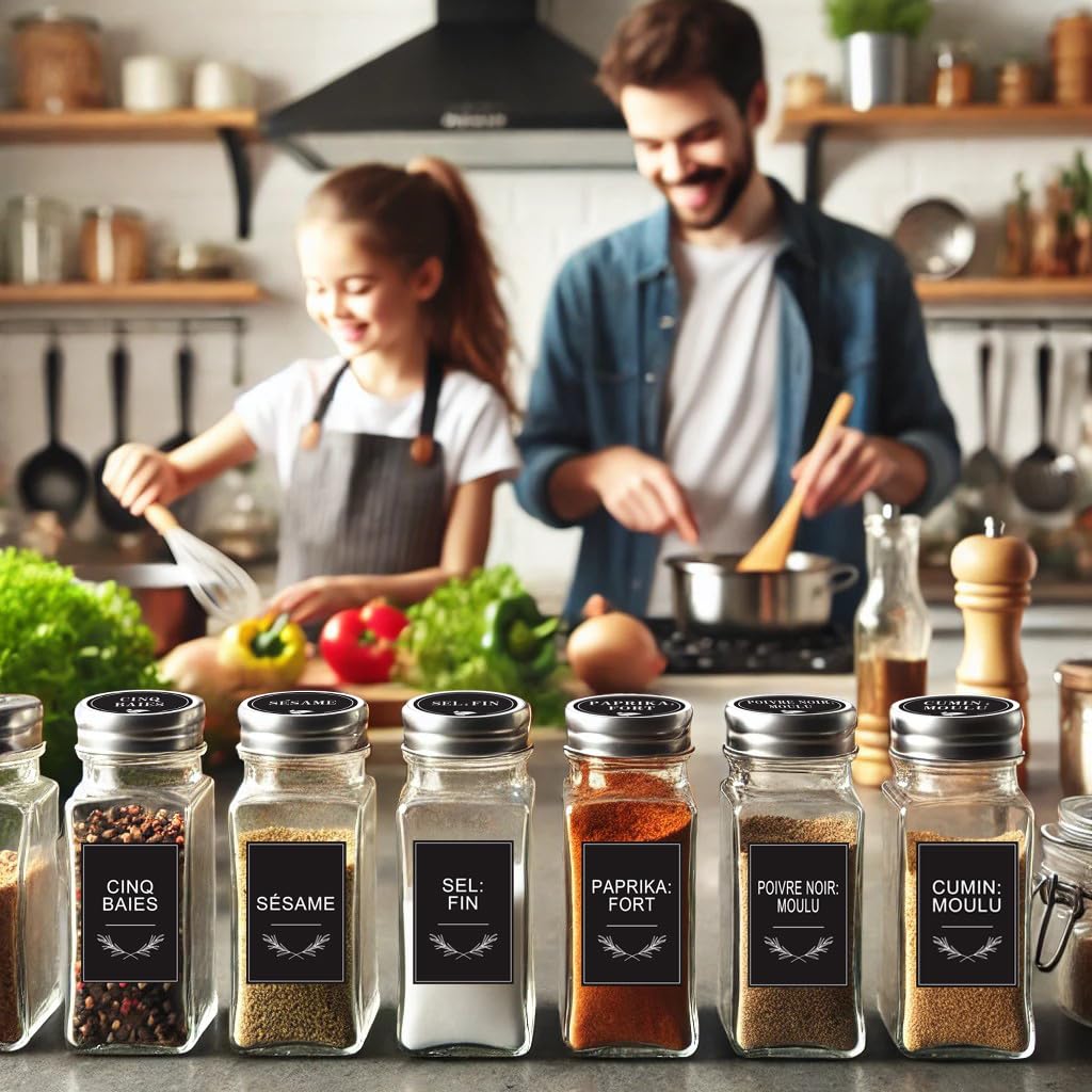 Französische Gewürzetiketten für Einmachgläser – 200 selbstklebende Sticker schwarz – rund & rechteckig – weißer Marker inklusive – Küche organisiert & lesbar