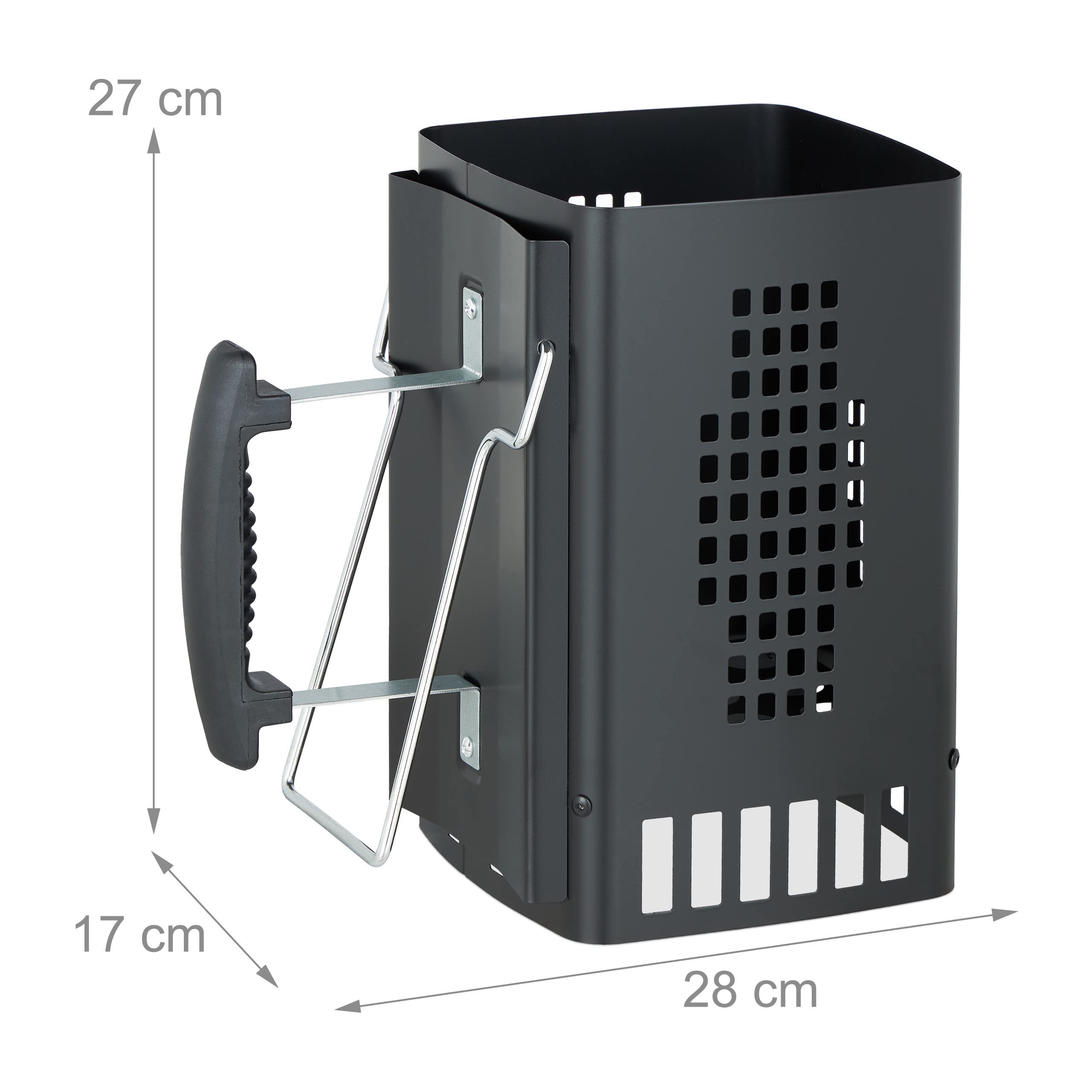 Relaxdays Anzündkamin Grill, mit Sicherheitsgriff & Haltebügel, HBT: 27 x 18 x 17 cm, Anzündhilfe Grillkohle, schwarz