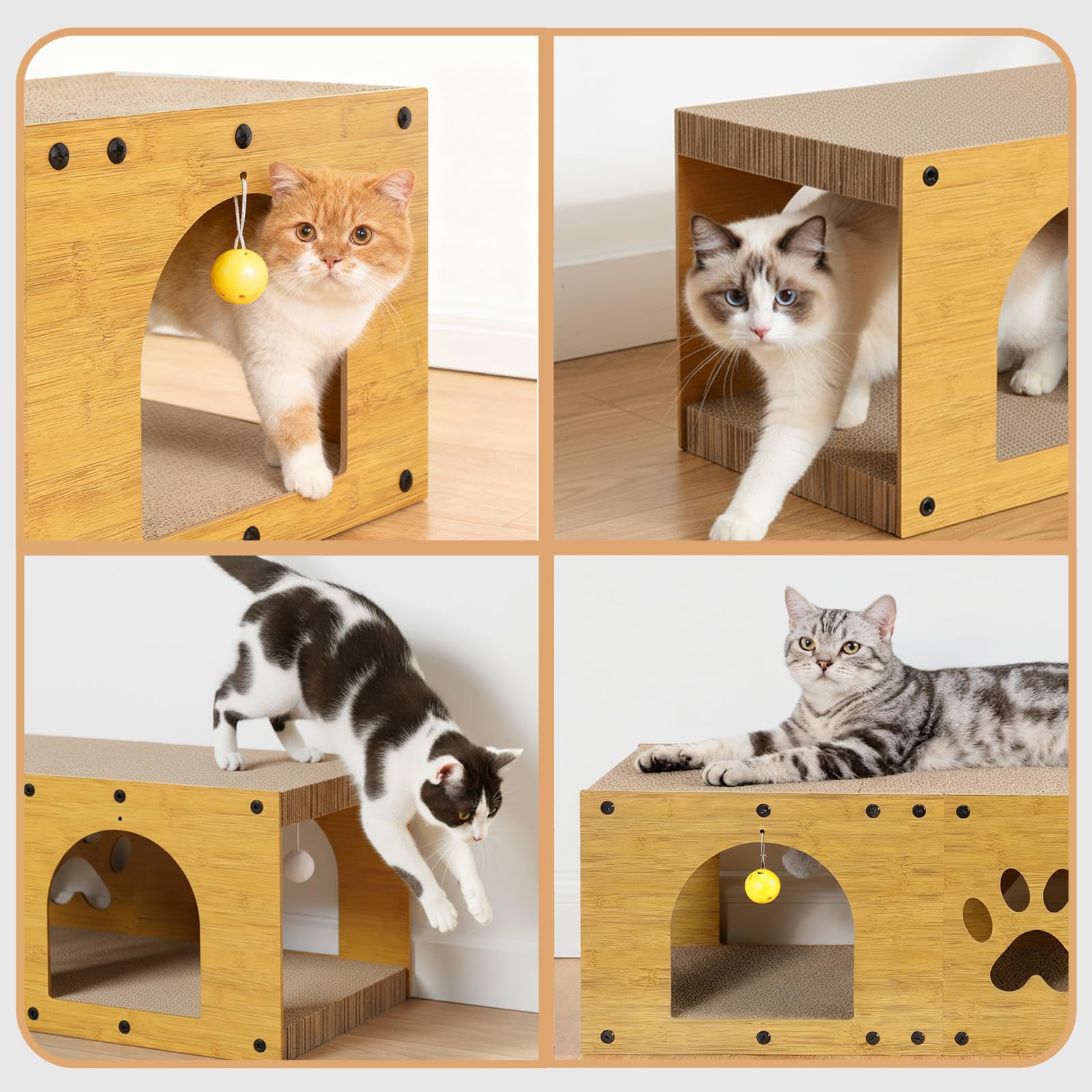 Gimars 100x30x30 cm Kratzbrett Katzen mit Spielball,Tunnel, Kratzpappe für Katzen groß XXL Katzenhaus Pappe, Kratzmöbel als Möbelschutz Indoor