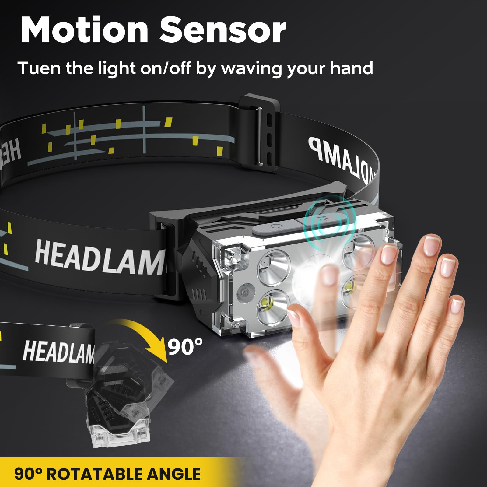 DAWINSIE Stirnlampe LED Wiederaufladbar [2 Stück], Wasserdichte Kopflampe mit 6 Lichtmodi, Superhell Intelligenter Sensor Stirnlampen für Hikezeit, joggen, Angeln,Campen,Klettern