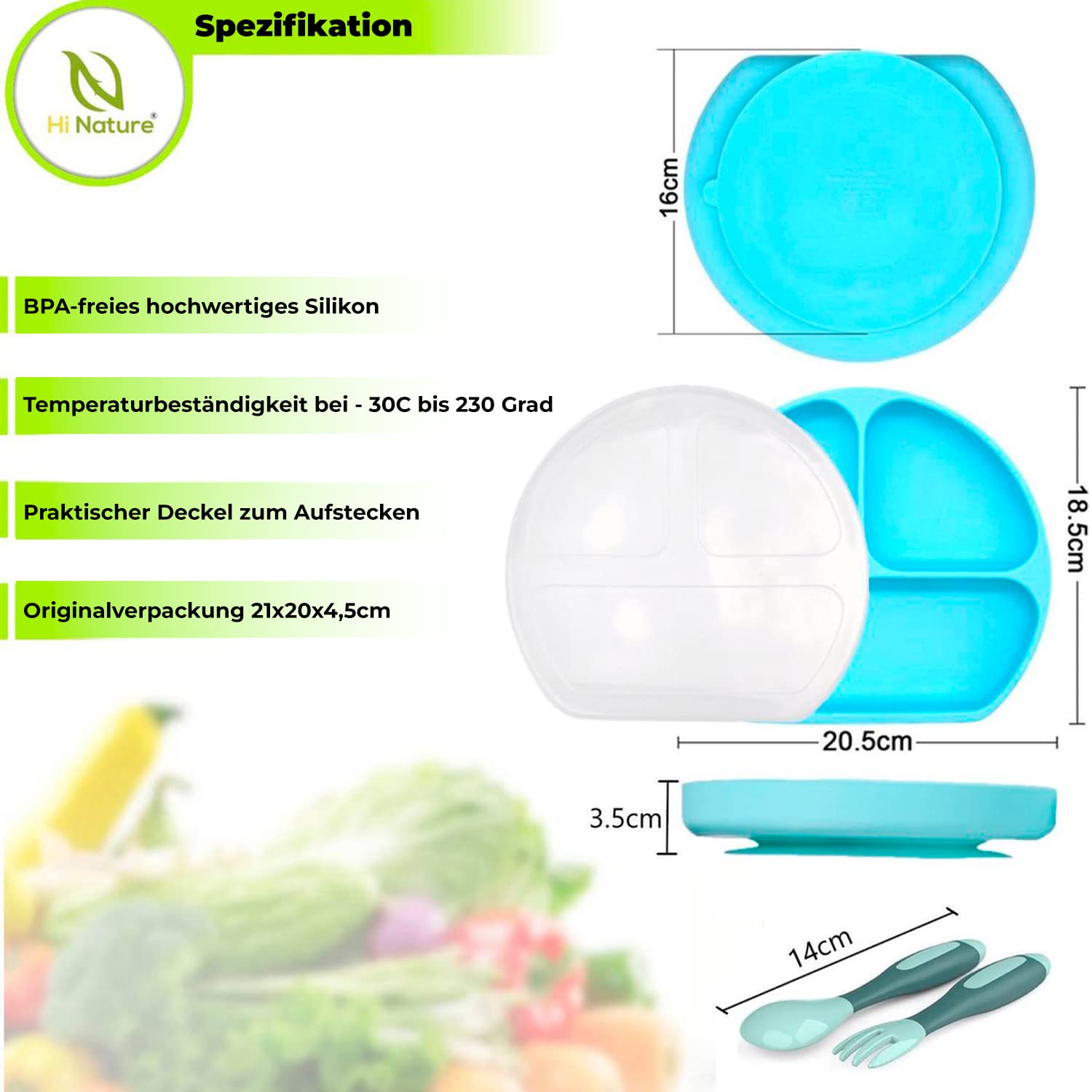 Hallo Nature Babyplatte mit Saugnapf inklusive Kinderbesteck, Anti-Rutsch-Kindergeschirr, Silikonplatte für Babybrei, Kinderteller, BPA-freier Tischgeschirr, Kindertischset, Farbe: blau