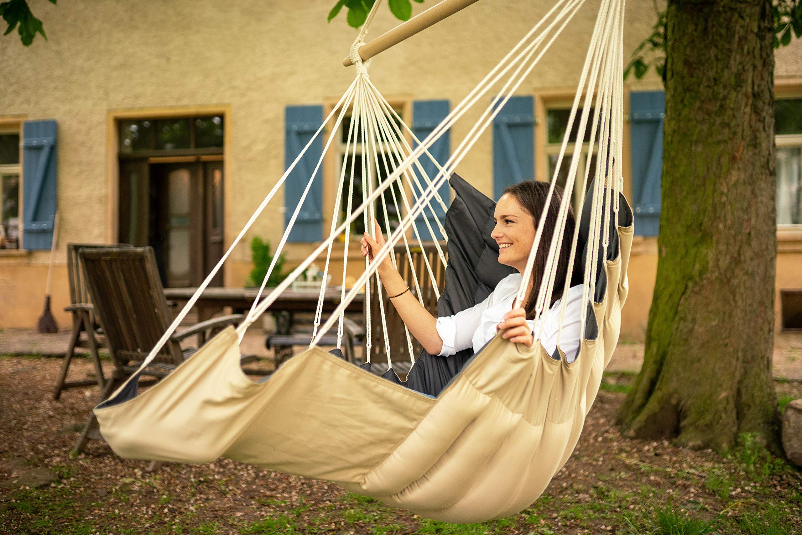 AMAZONAS Extra bequemer Hängesessel California Sand weich gepolstert Stablänge 110 cm bis 150 kg zweifarbig Beige/Anthrazit